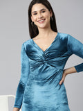 Women's Turquoise Blue V-Neck Gathered Details Sheath Dress