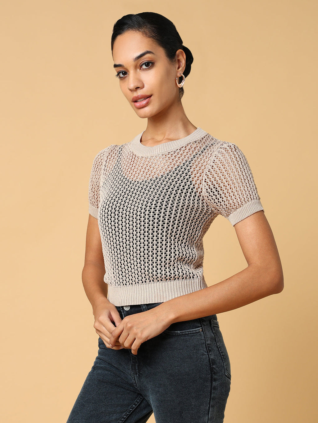 Women's Beige Self Design Round Neck Acrylic Top