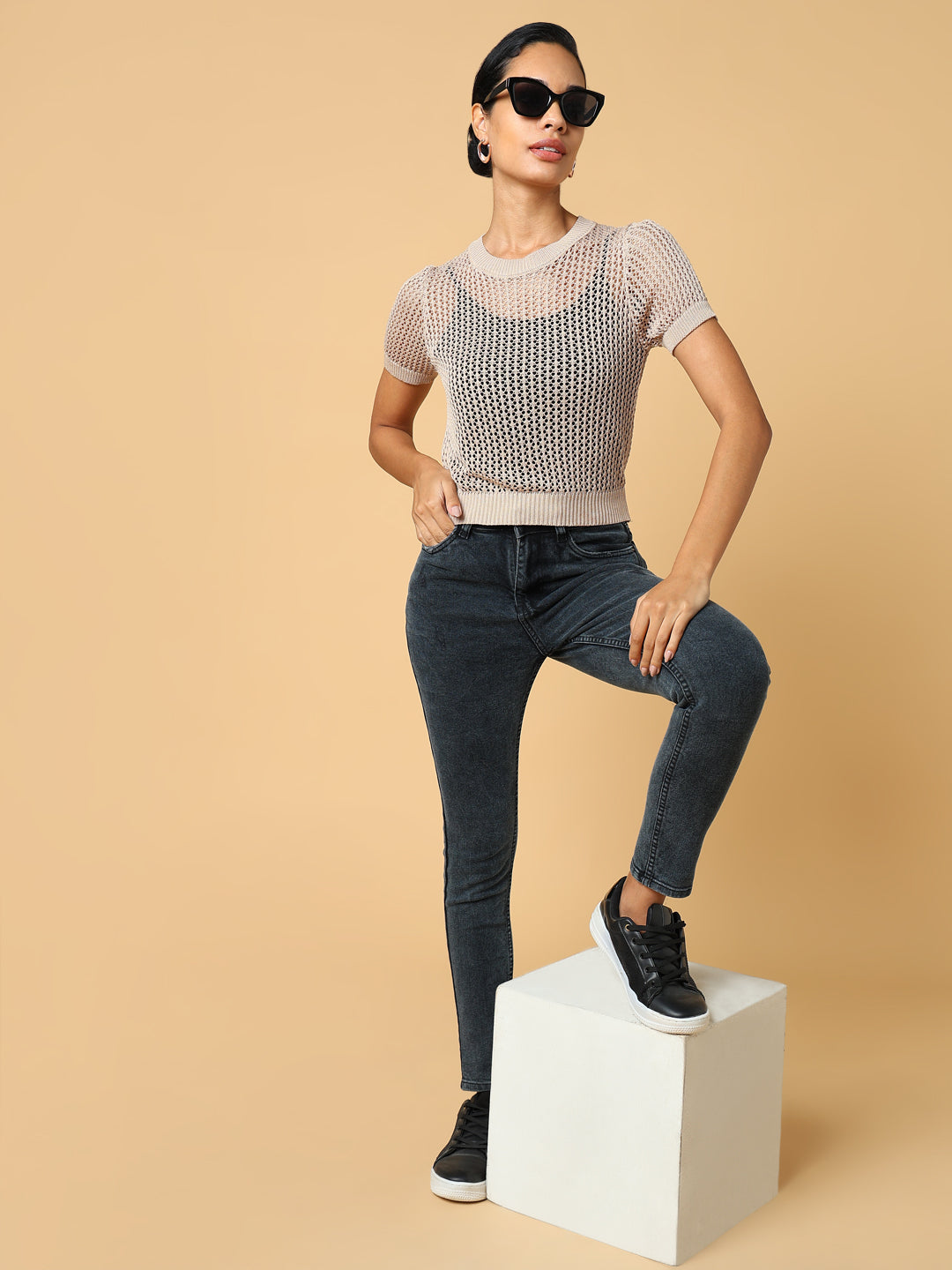 Women's Beige Self Design Round Neck Acrylic Top