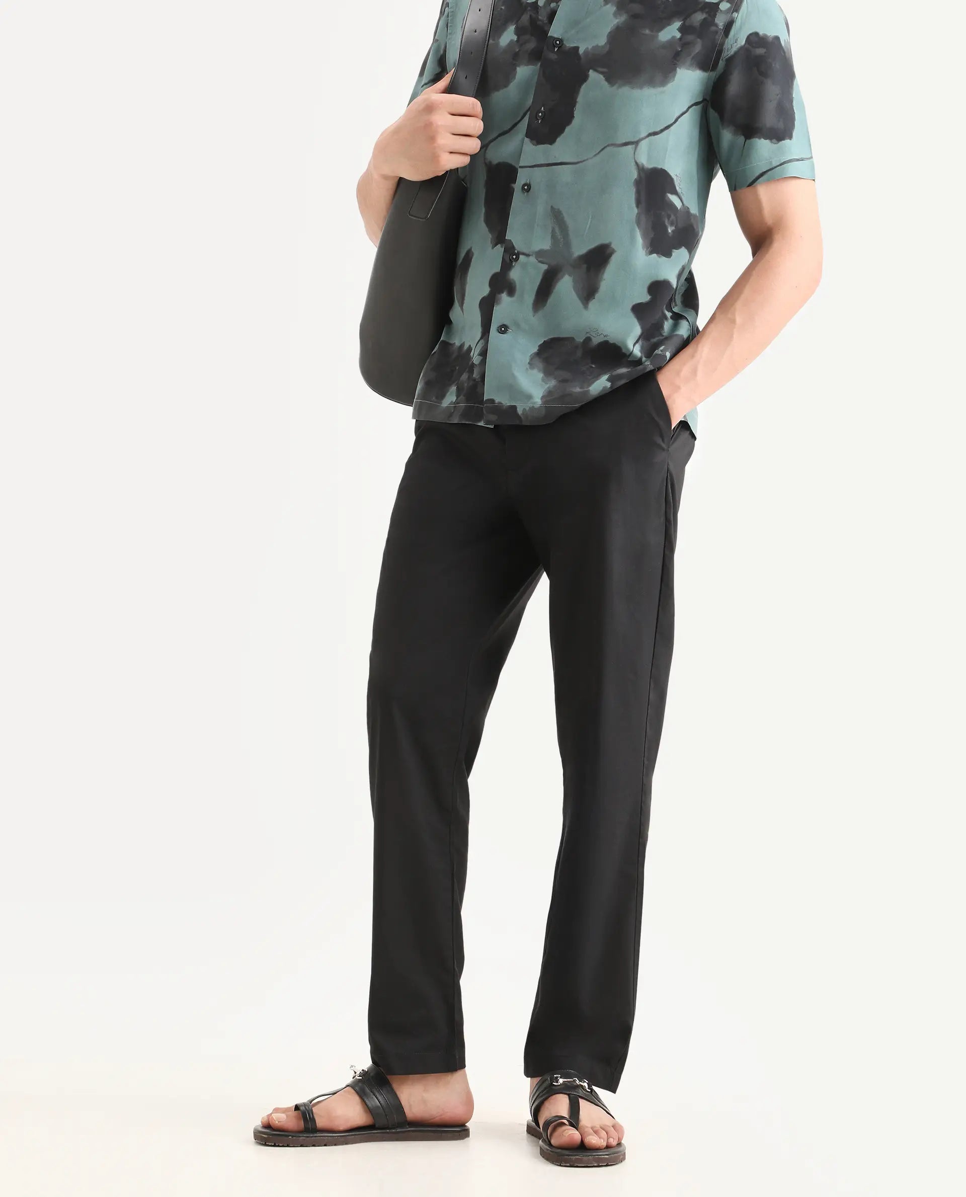 Rare Rabbit Men Bene Black Cotton Blend Fabric Button Closure Straight Fit Plain Trouser