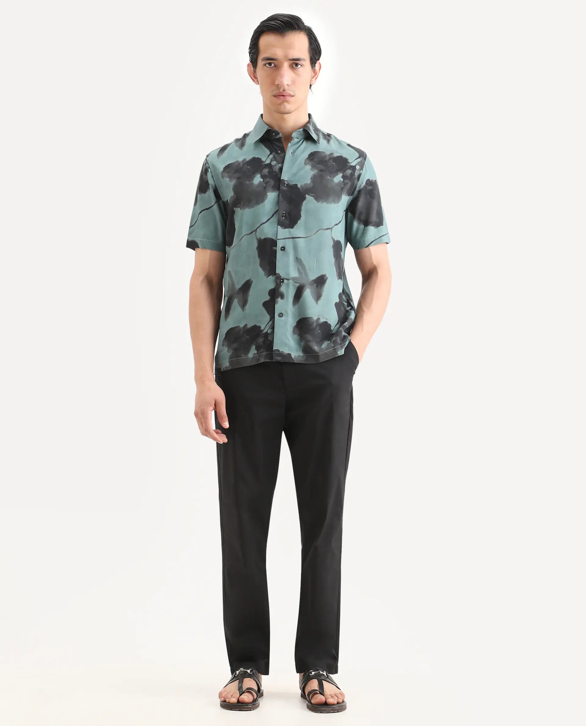 Rare Rabbit Men Bene Black Cotton Blend Fabric Button Closure Straight Fit Plain Trouser