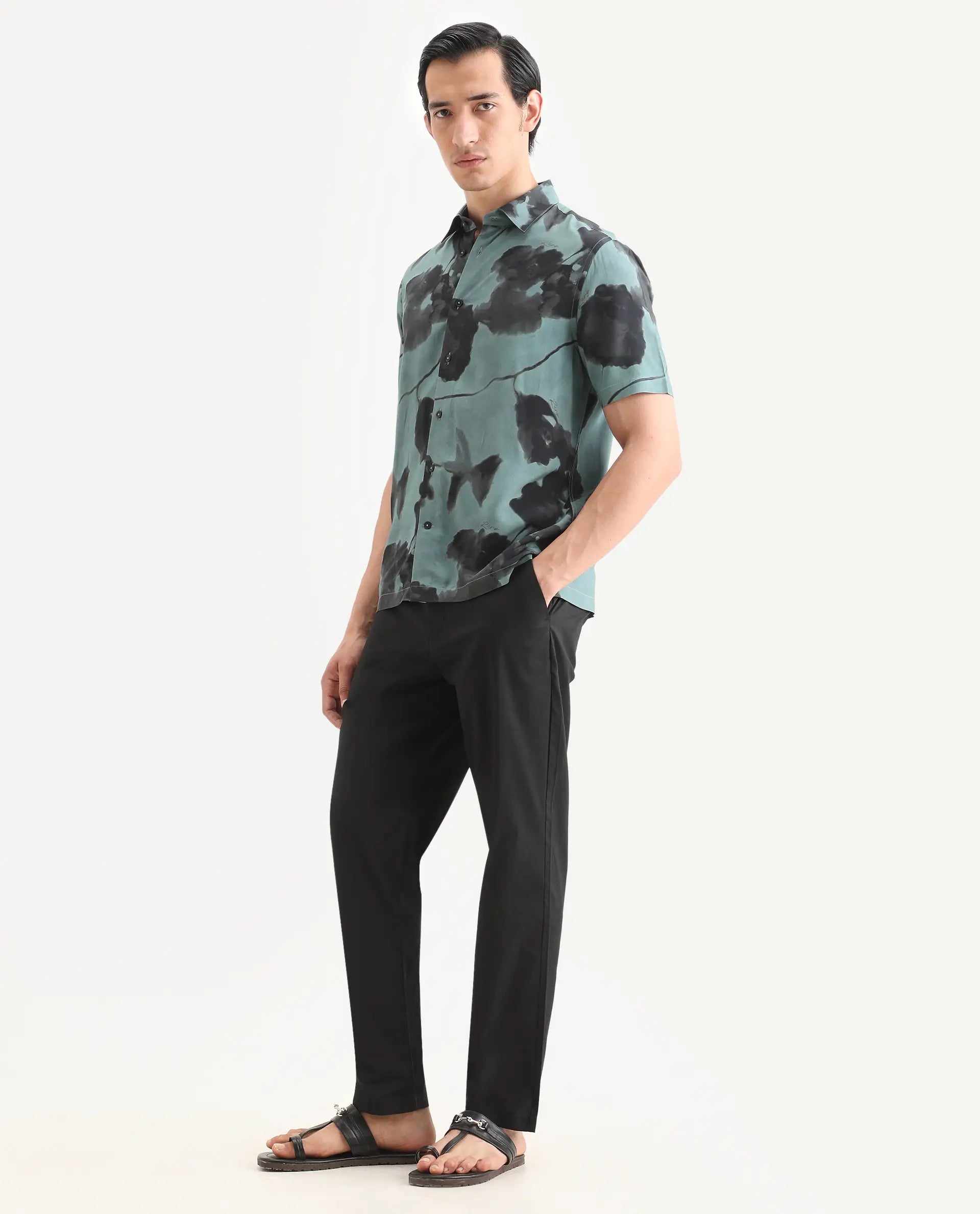 Rare Rabbit Men Bene Black Cotton Blend Fabric Button Closure Straight Fit Plain Trouser