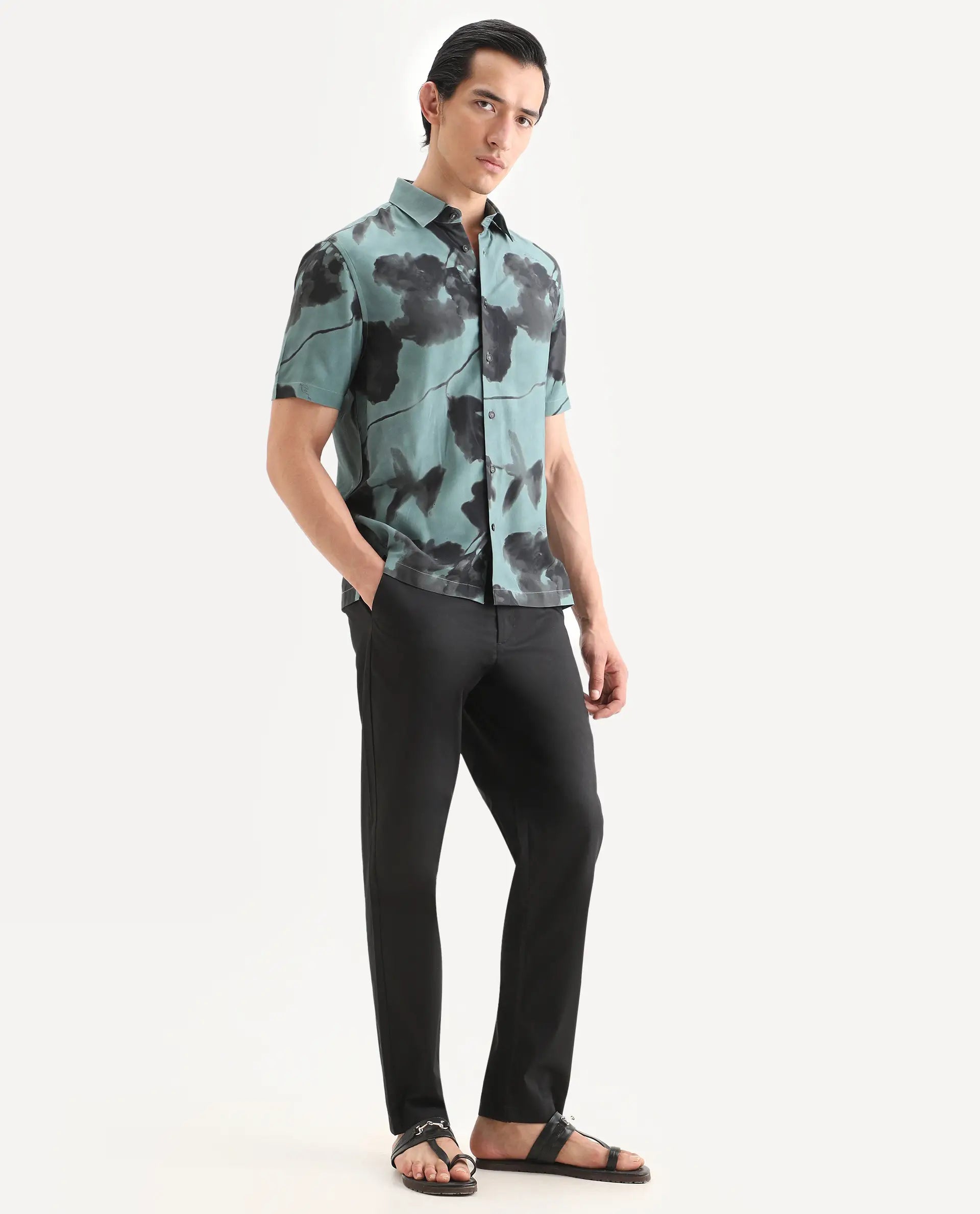 Rare Rabbit Men Bene Black Cotton Blend Fabric Button Closure Straight Fit Plain Trouser