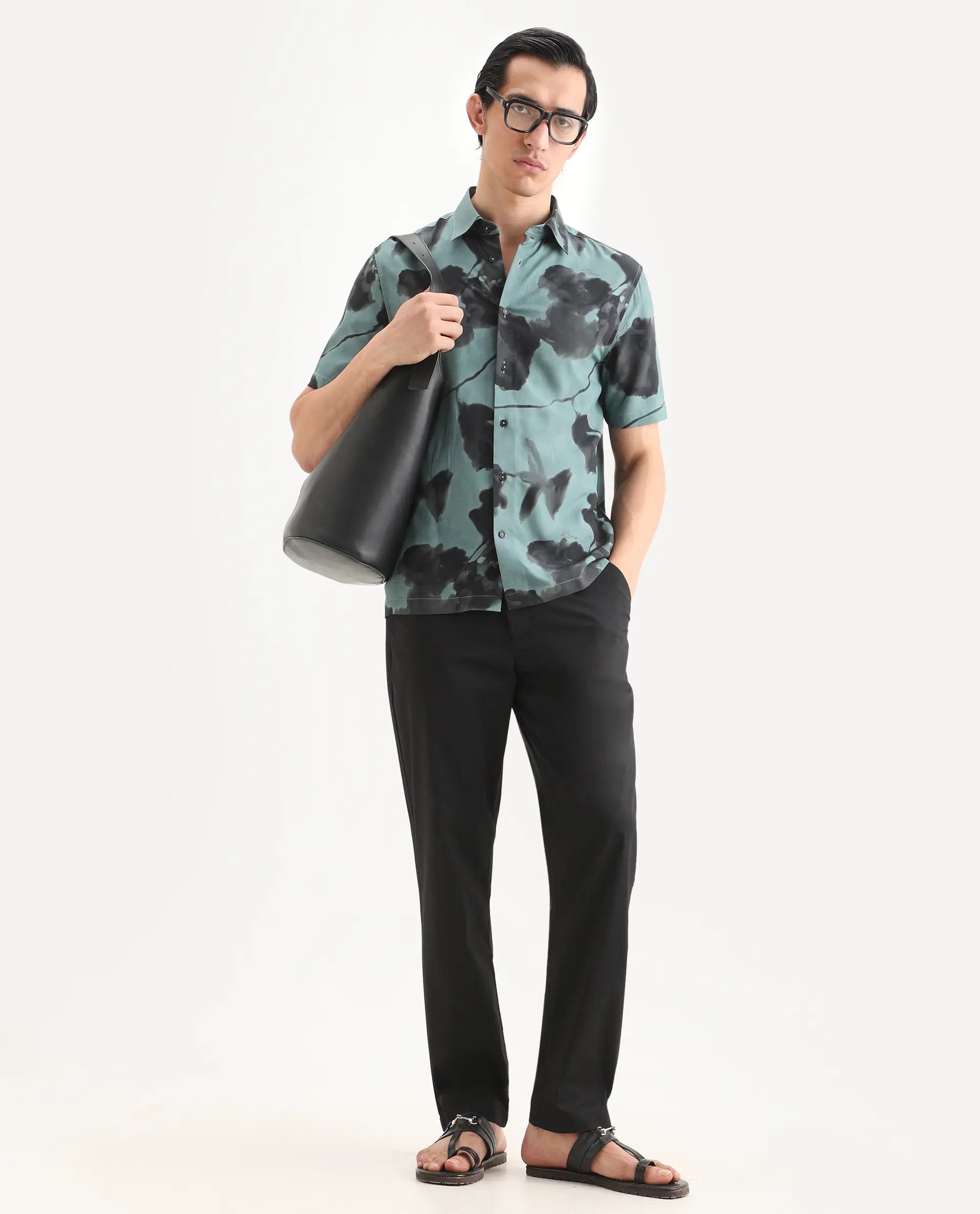 Rare Rabbit Men Bene Black Cotton Blend Fabric Button Closure Straight Fit Plain Trouser