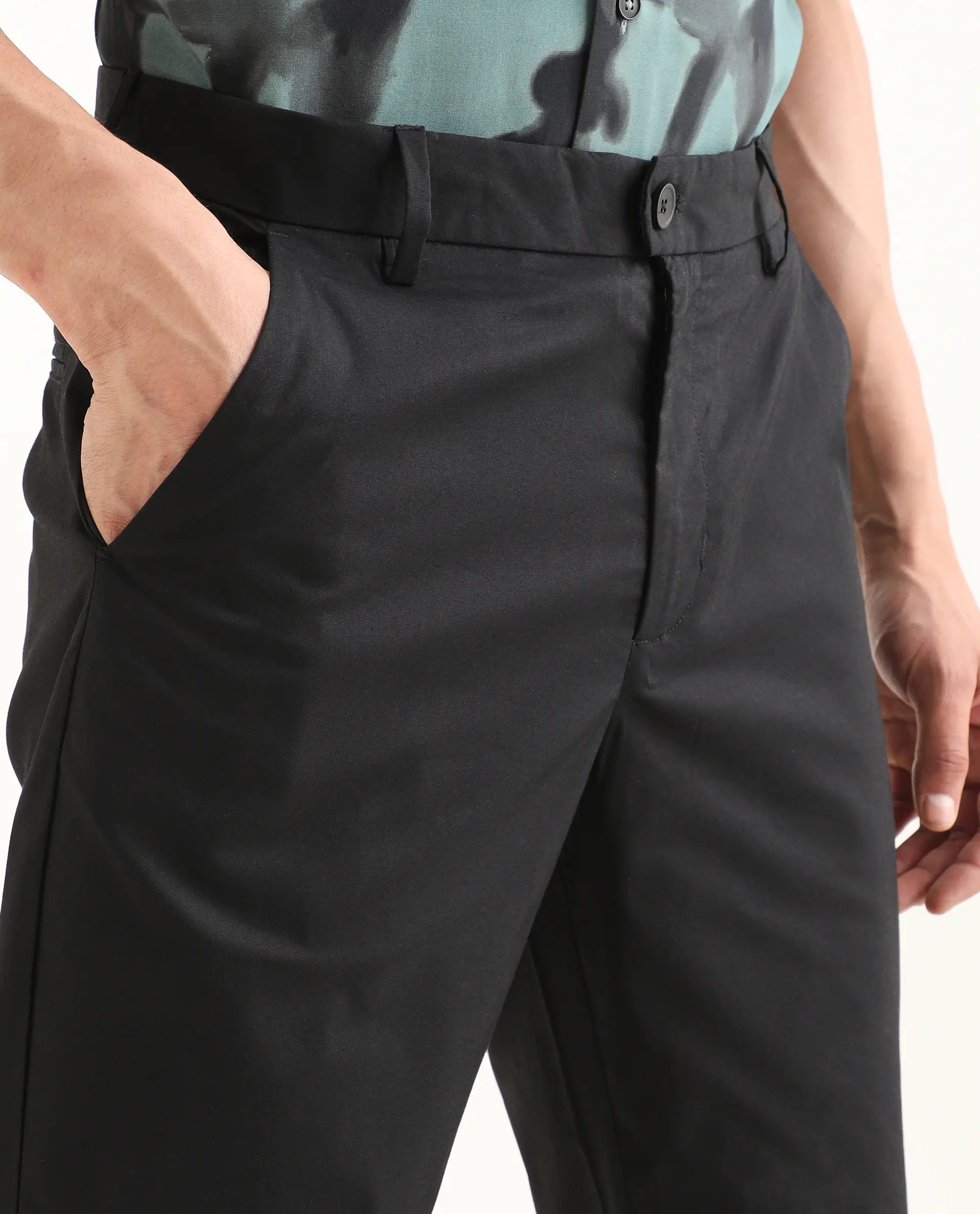 Rare Rabbit Men Bene Black Cotton Blend Fabric Button Closure Straight Fit Plain Trouser