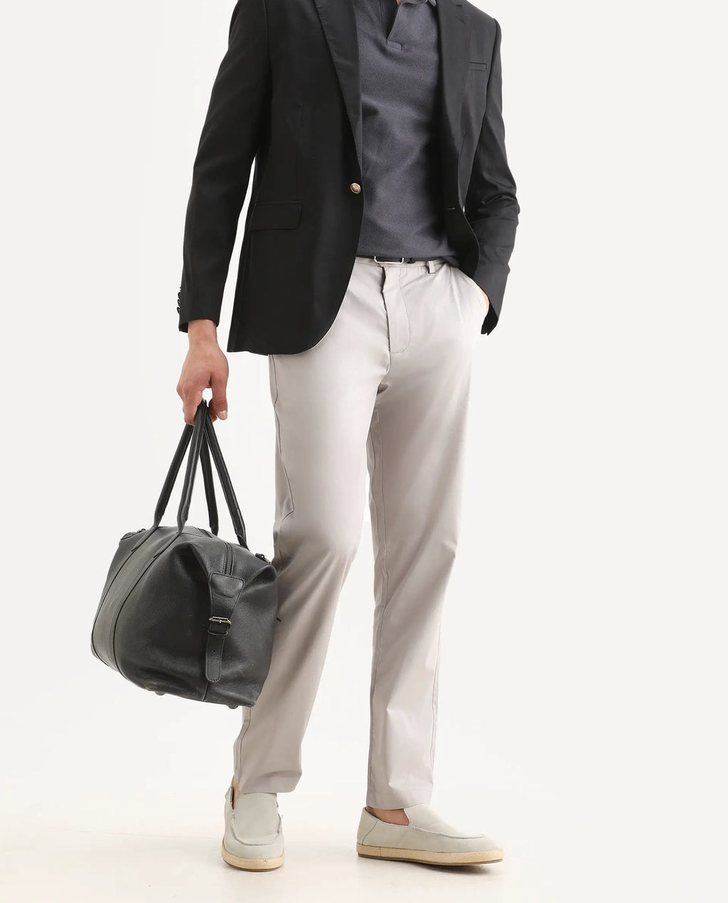 Rare Rabbit Men Bene Light Grey Cotton Blend Fabric Button Closure Straight Fit Plain Trouser