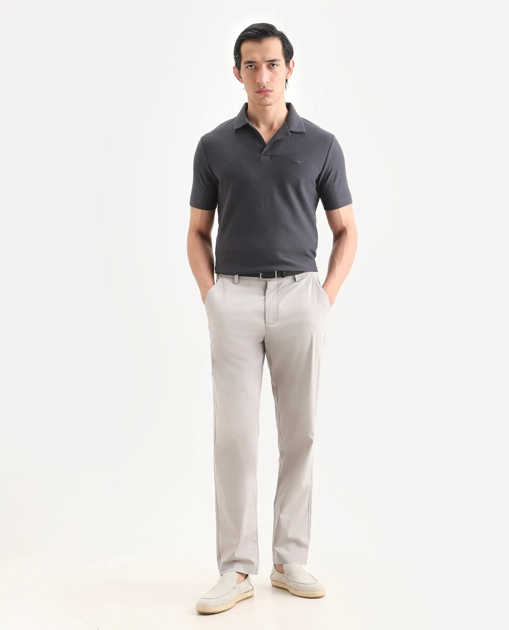 Rare Rabbit Men Bene Light Grey Cotton Blend Fabric Button Closure Straight Fit Plain Trouser