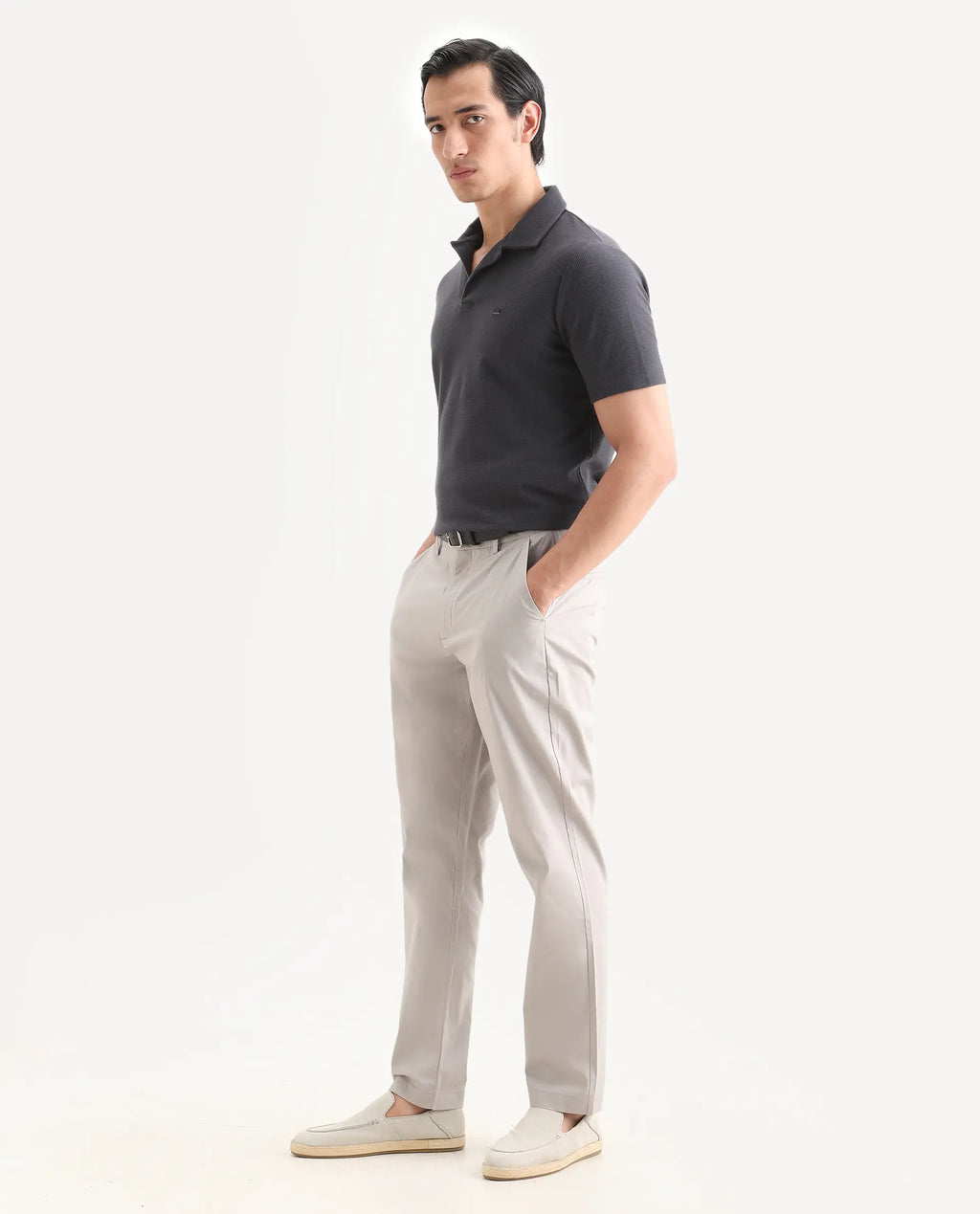 Rare Rabbit Men Bene Light Grey Cotton Blend Fabric Button Closure Straight Fit Plain Trouser