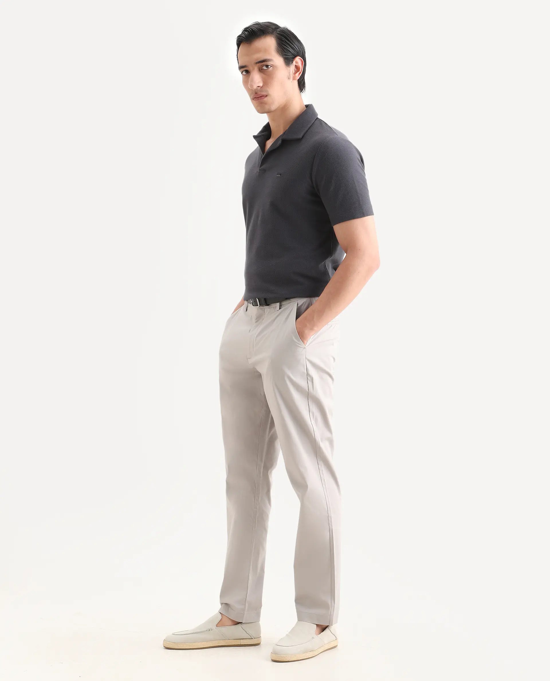 Rare Rabbit Men Bene Light Grey Cotton Blend Fabric Button Closure Straight Fit Plain Trouser