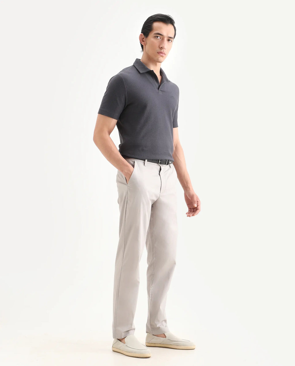 Rare Rabbit Men Bene Light Grey Cotton Blend Fabric Button Closure Straight Fit Plain Trouser