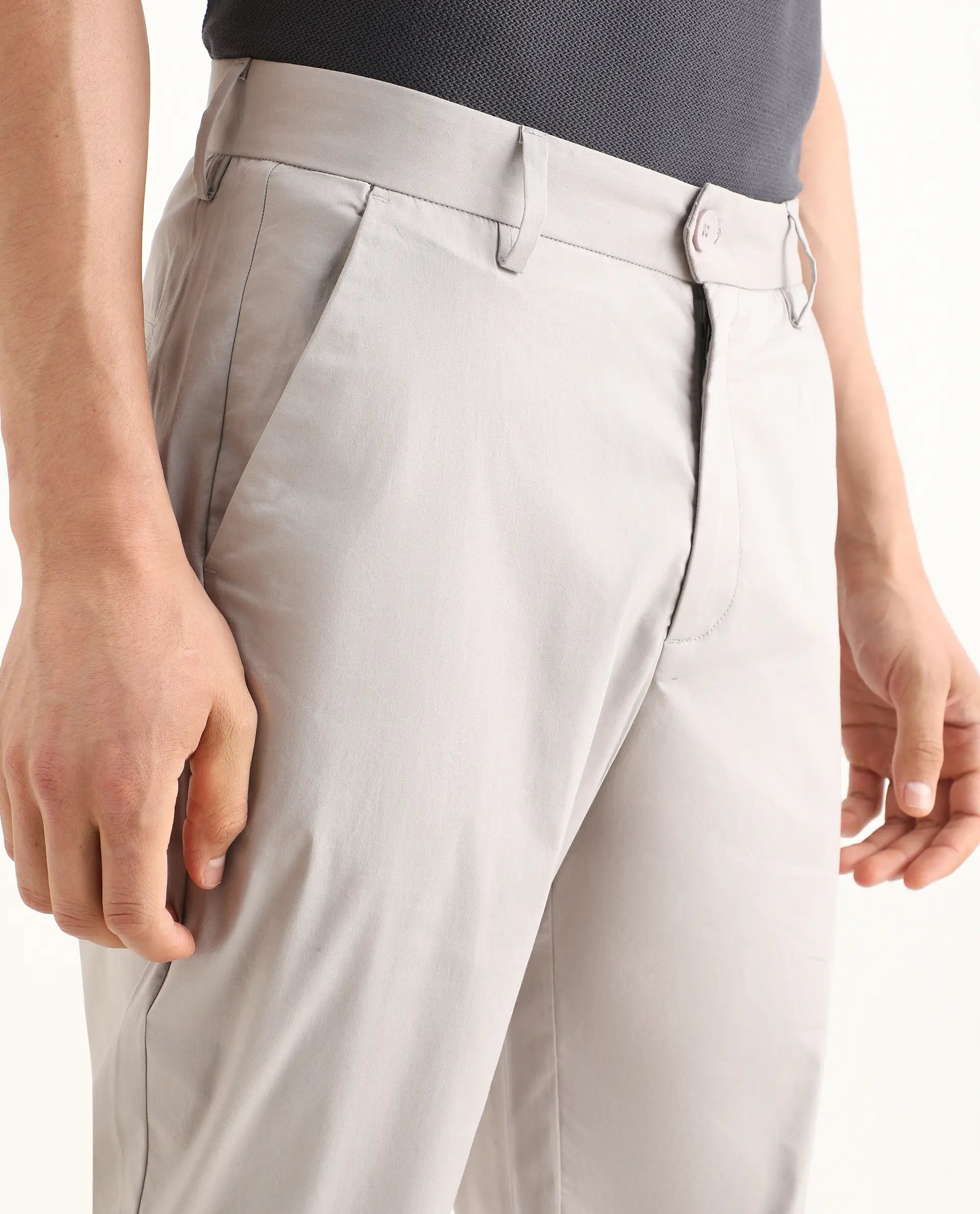 Rare Rabbit Men Bene Light Grey Cotton Blend Fabric Button Closure Straight Fit Plain Trouser