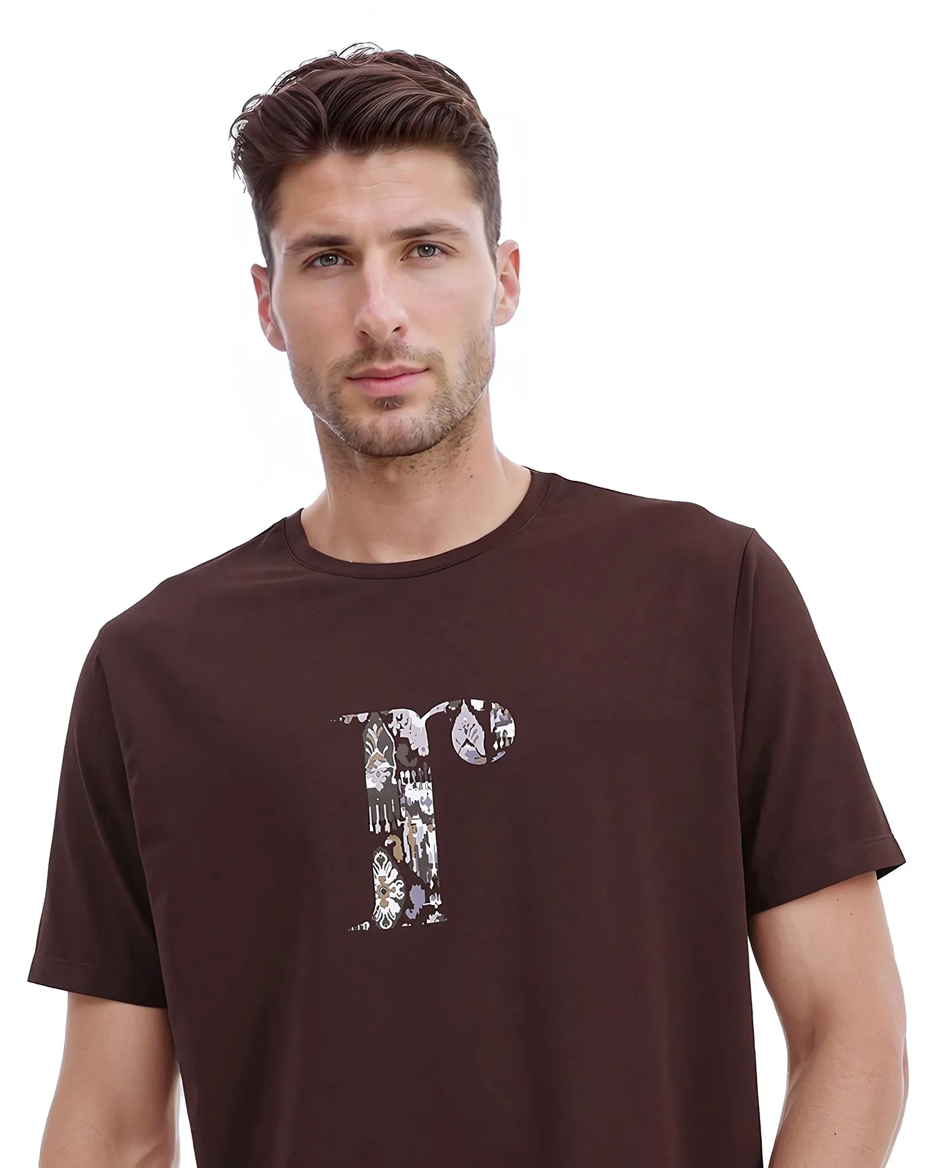 Rare Rabbit Men's Bent Dark Brown Cotton Graphic Print Regular Fit Half Sleeve Crew Neck T-Shirt