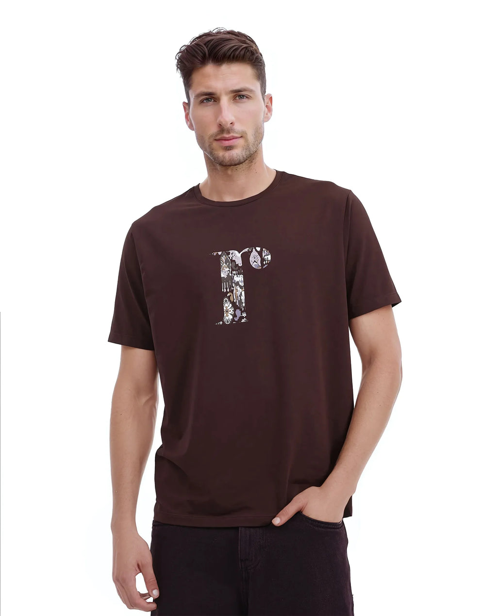 Rare Rabbit Men's Bent Dark Brown Cotton Graphic Print Regular Fit Half Sleeve Crew Neck T-Shirt