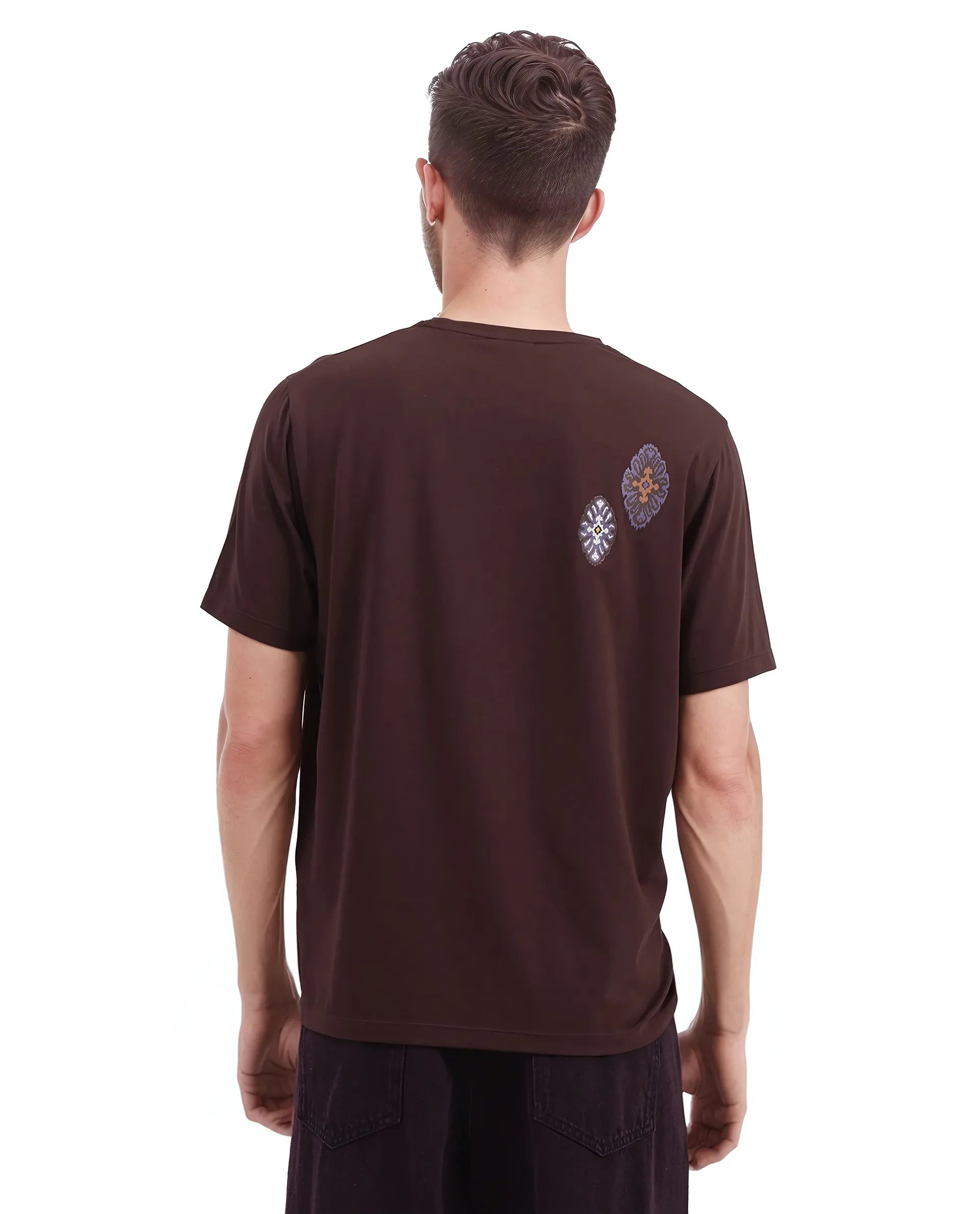 Rare Rabbit Men's Bent Dark Brown Cotton Graphic Print Regular Fit Half Sleeve Crew Neck T-Shirt