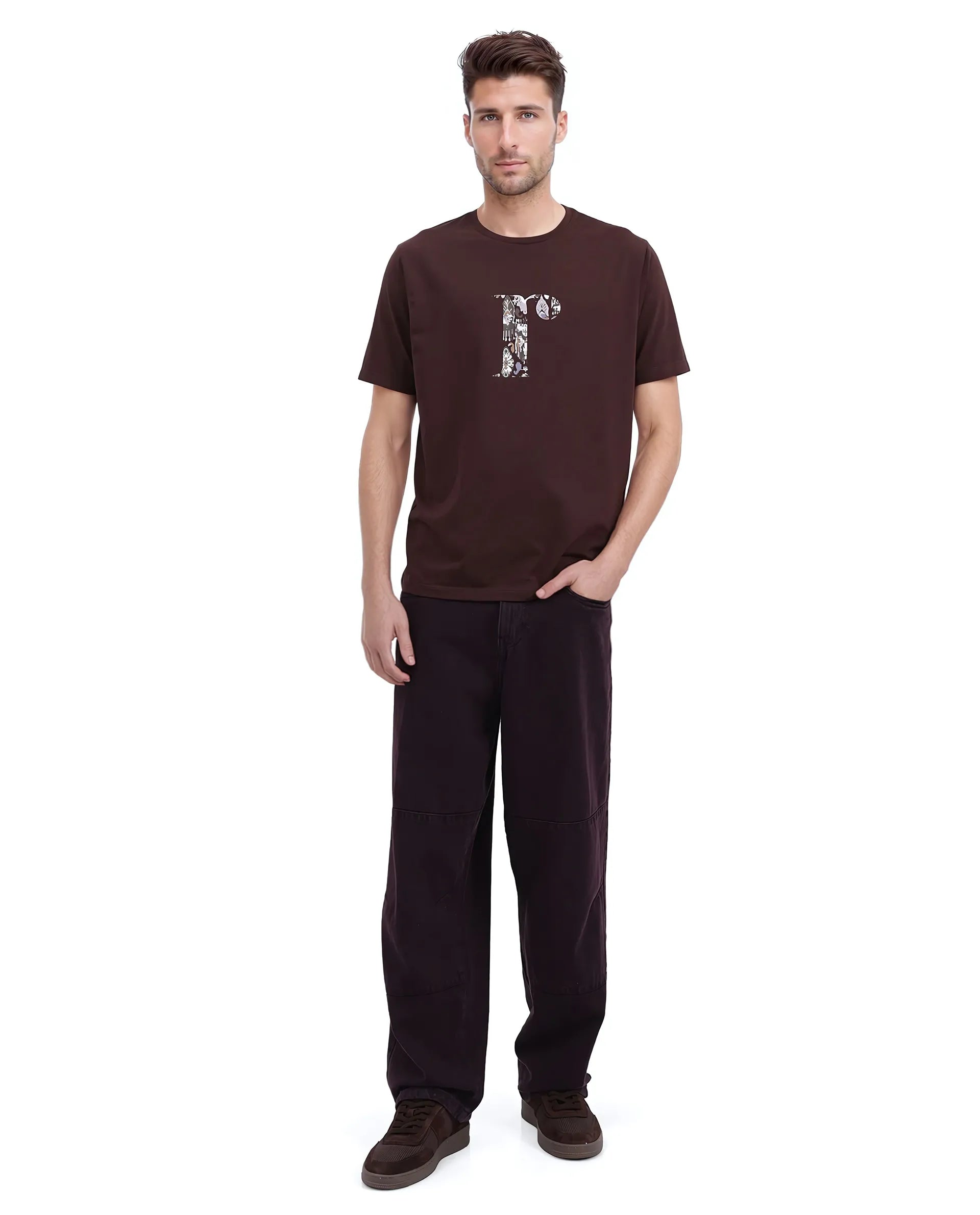 Rare Rabbit Men's Bent Dark Brown Cotton Graphic Print Regular Fit Half Sleeve Crew Neck T-Shirt