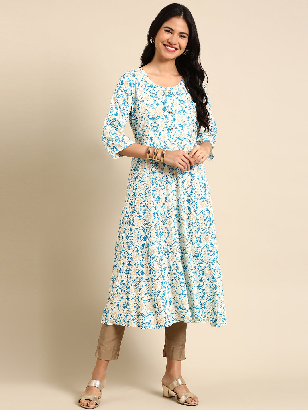 Women's Off White Ethnic Motifs Printed Chanderi Straight Cotton Kurta