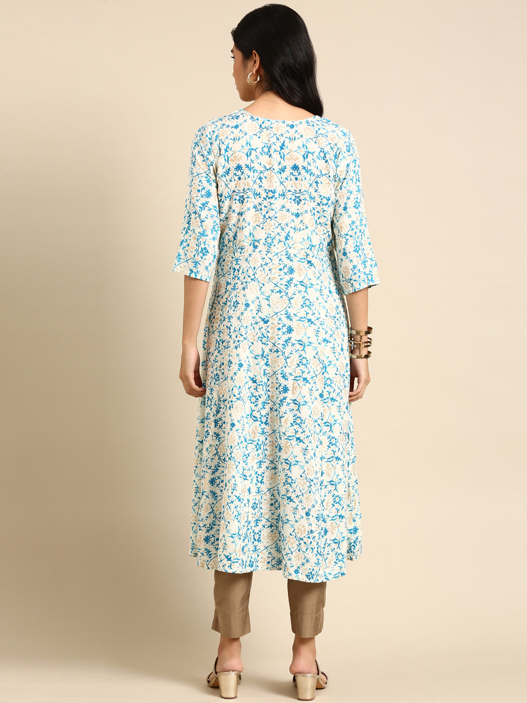 Women's Off White Ethnic Motifs Printed Chanderi Straight Cotton Kurta