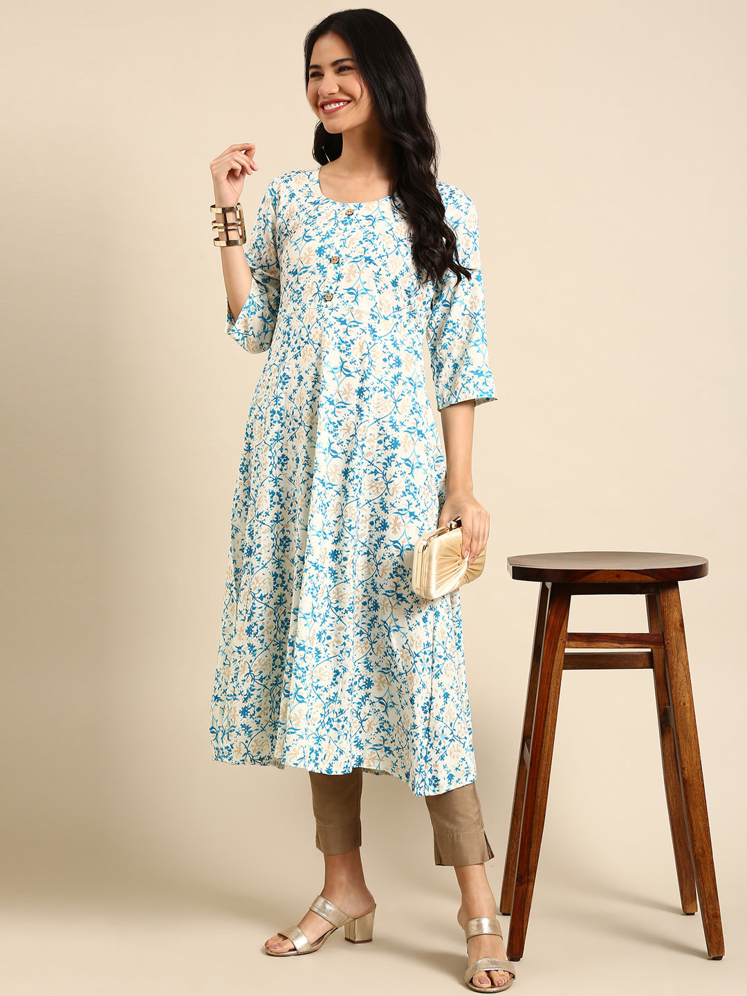 Women's Off White Ethnic Motifs Printed Chanderi Straight Cotton Kurta