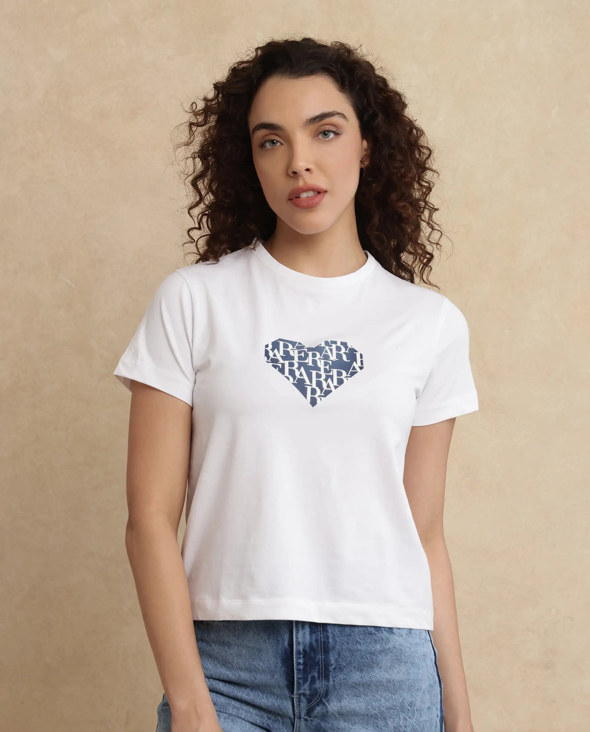 Rareism Women's Bhager Off White Cotton Blend Crew Neck Graphic Print Regular Fit T-Shirt