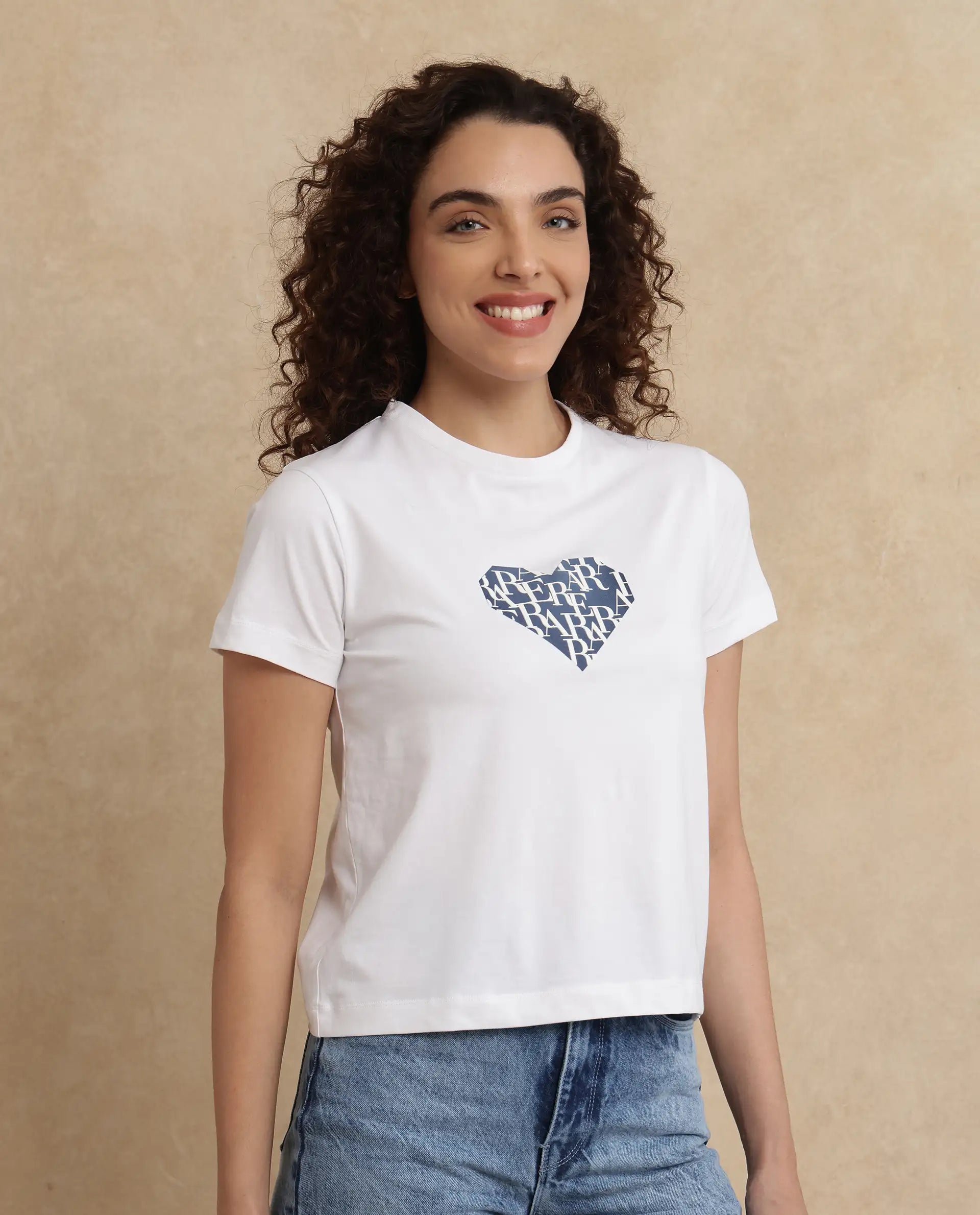 Rareism Women's Bhager Off White Cotton Blend Crew Neck Graphic Print Regular Fit T-Shirt