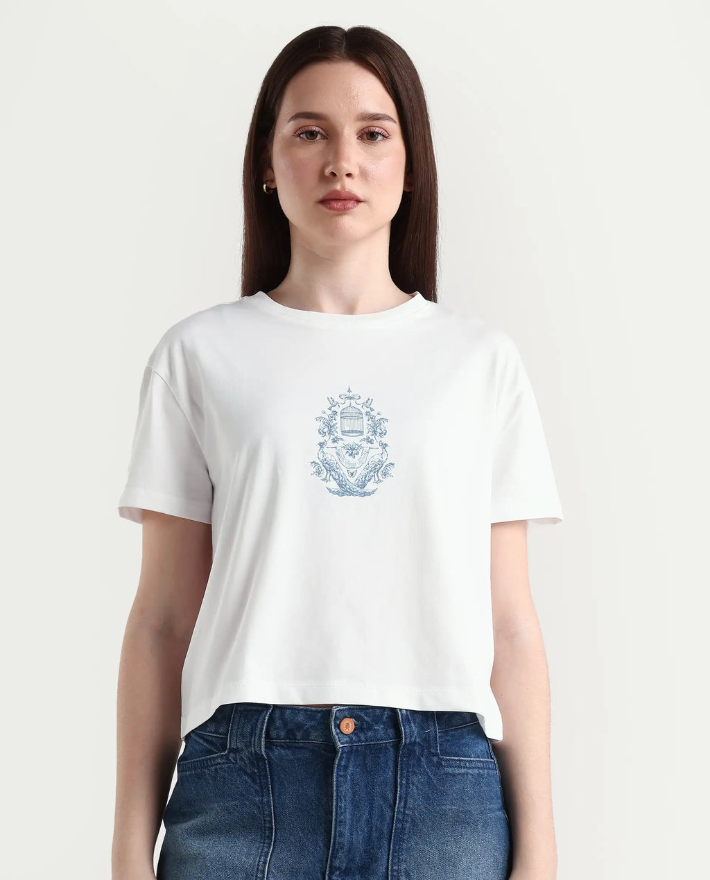 Rareism Women's Bharop Off White Cotton Blend Crew Neck Graphic Print Crop Regular Fit T-Shirt