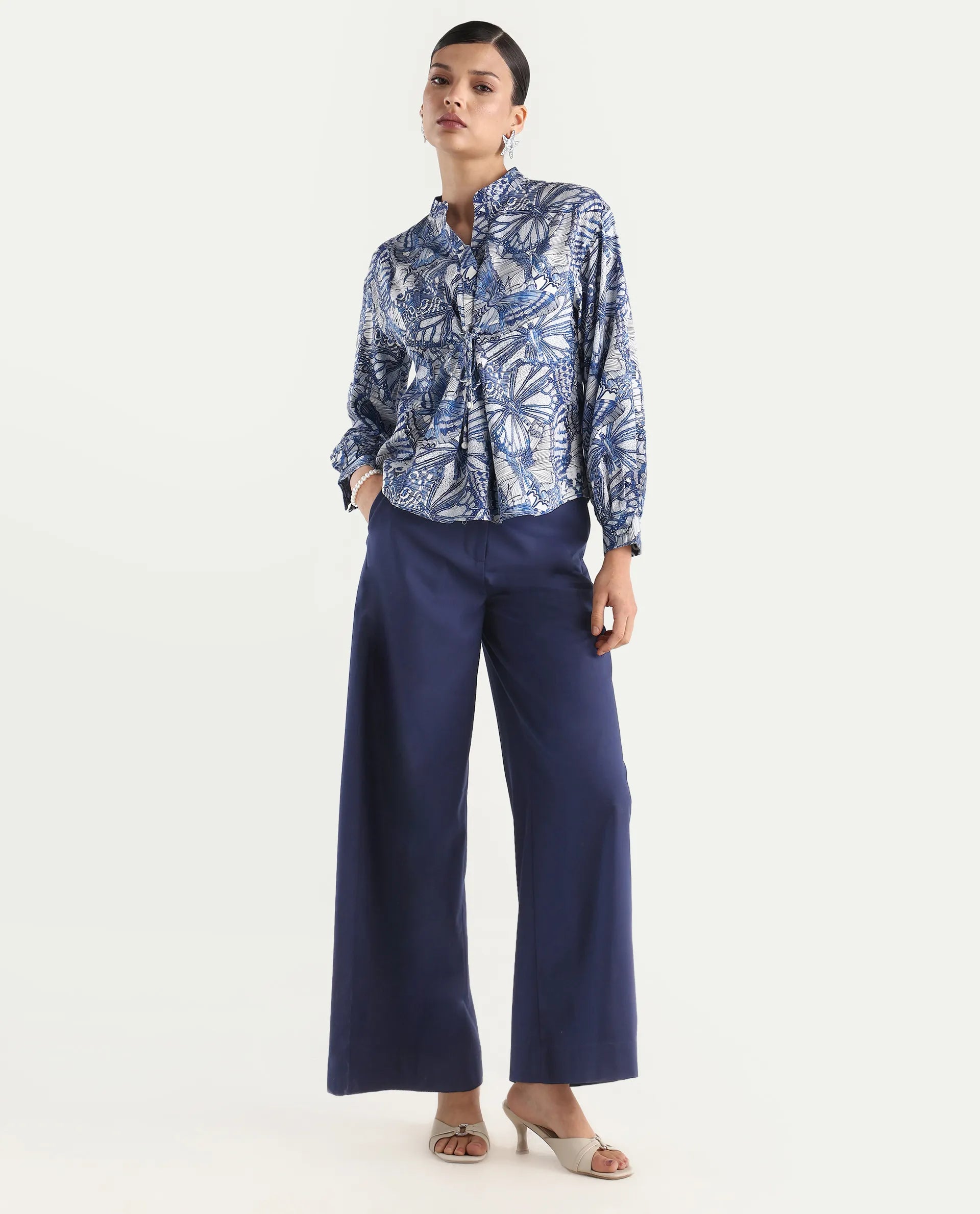 Rareism Women's Bhasny Blue Tencel Mandarin Collar Abstract Print Puff Sleeves Regular Fit Top