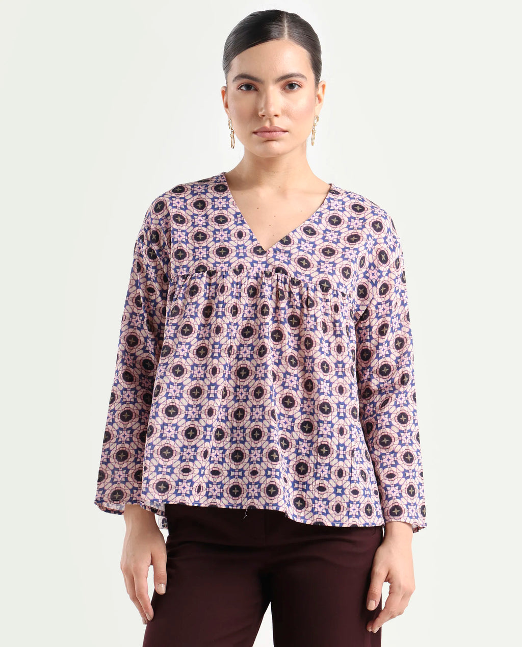 Rareism Women's Bina-T Multi Cotton Blend V-Neck Paisley Print Regular Fit Top