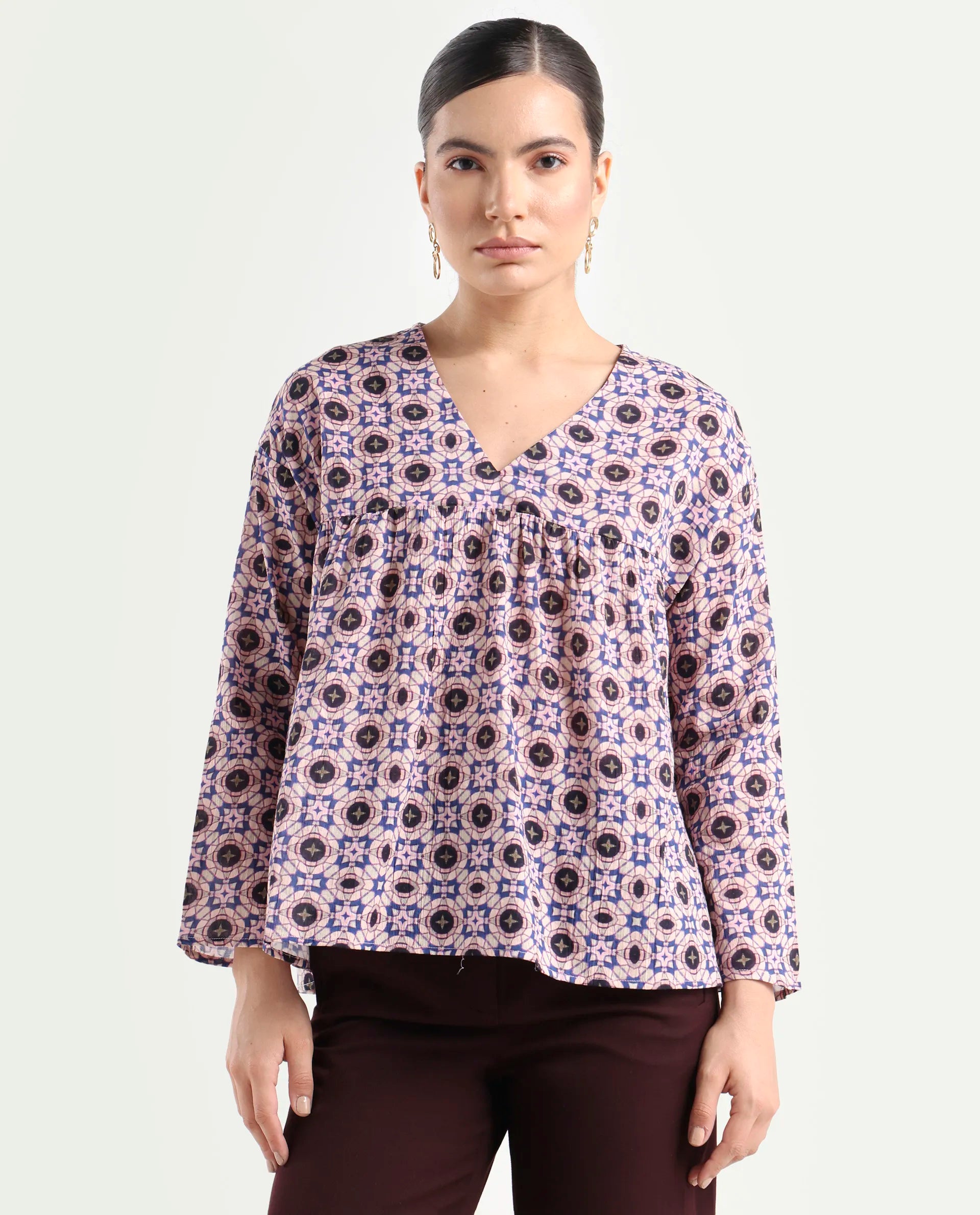 Rareism Women's Bina-T Multi Cotton Blend V-Neck Paisley Print Regular Fit Top