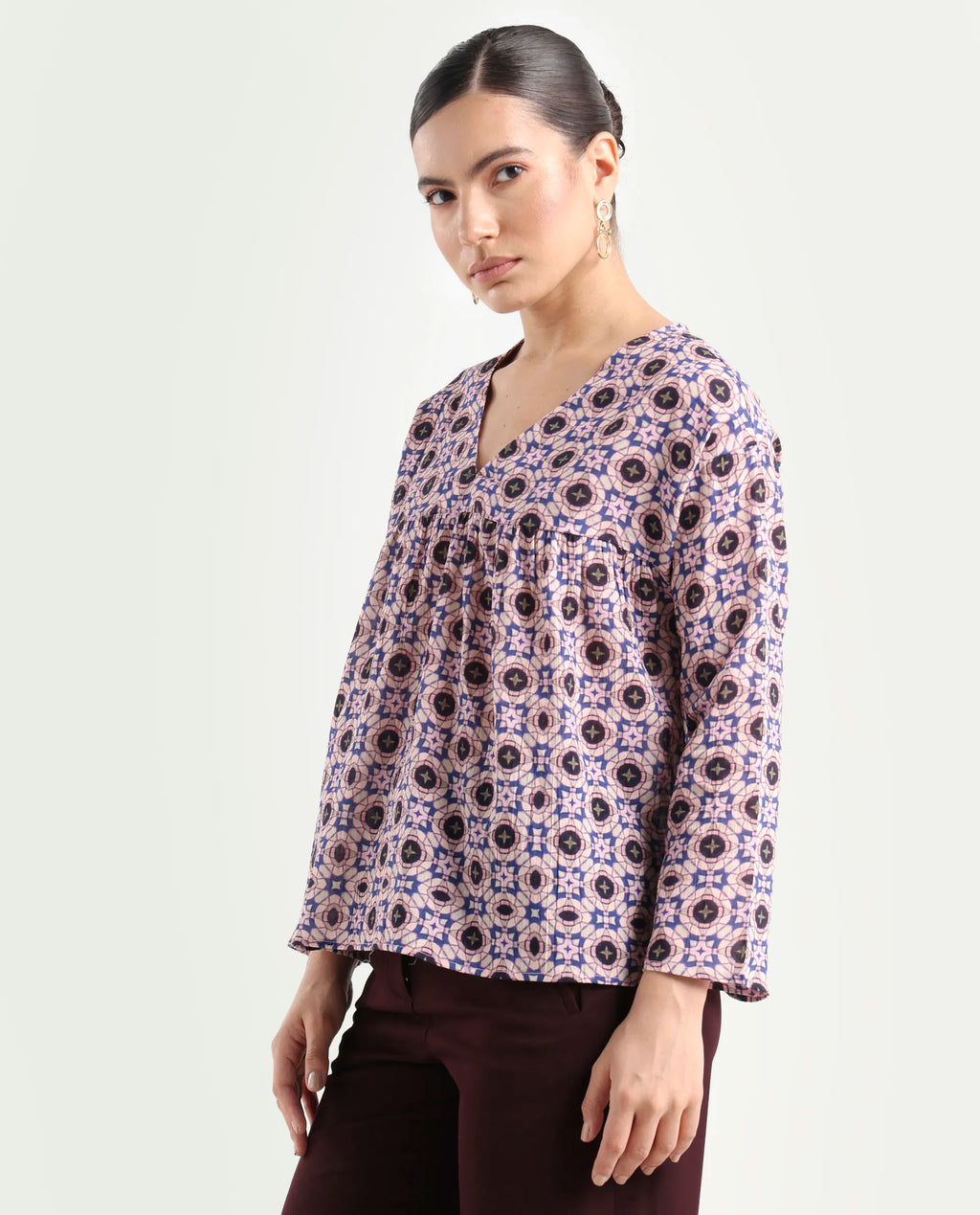 Rareism Women's Bina-T Multi Cotton Blend V-Neck Paisley Print Regular Fit Top