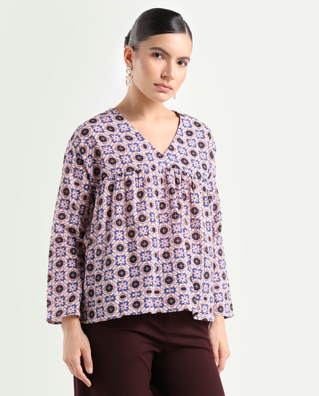 Rareism Women's Bina-T Multi Cotton Blend V-Neck Paisley Print Regular Fit Top