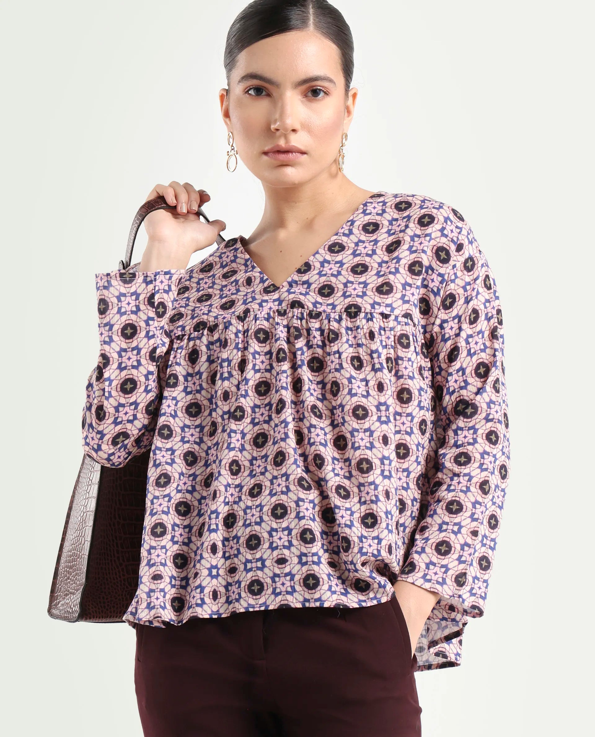 Rareism Women's Bina-T Multi Cotton Blend V-Neck Paisley Print Regular Fit Top