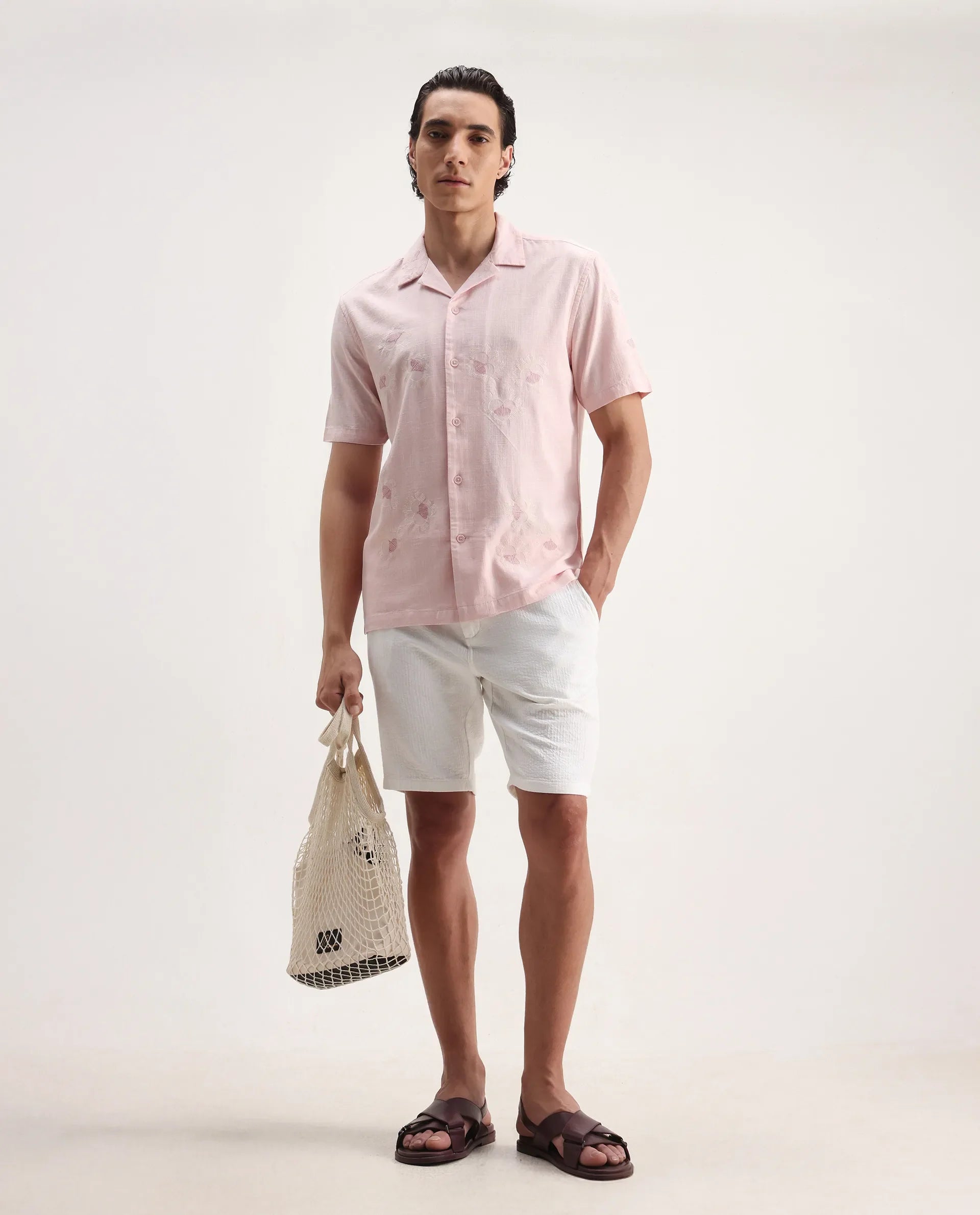Rare Rabbit Men's Birk Pink Cotton Blend Embroidered Boxy Fit Half Sleeve Cuban Collar Shirt