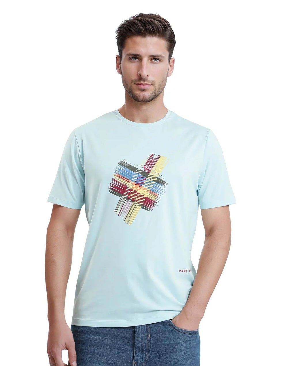 Rare Rabbit Men's Brax Light Blue Cotton Graphic Print Regular Fit Half Sleeve Crew Neck T-Shirt