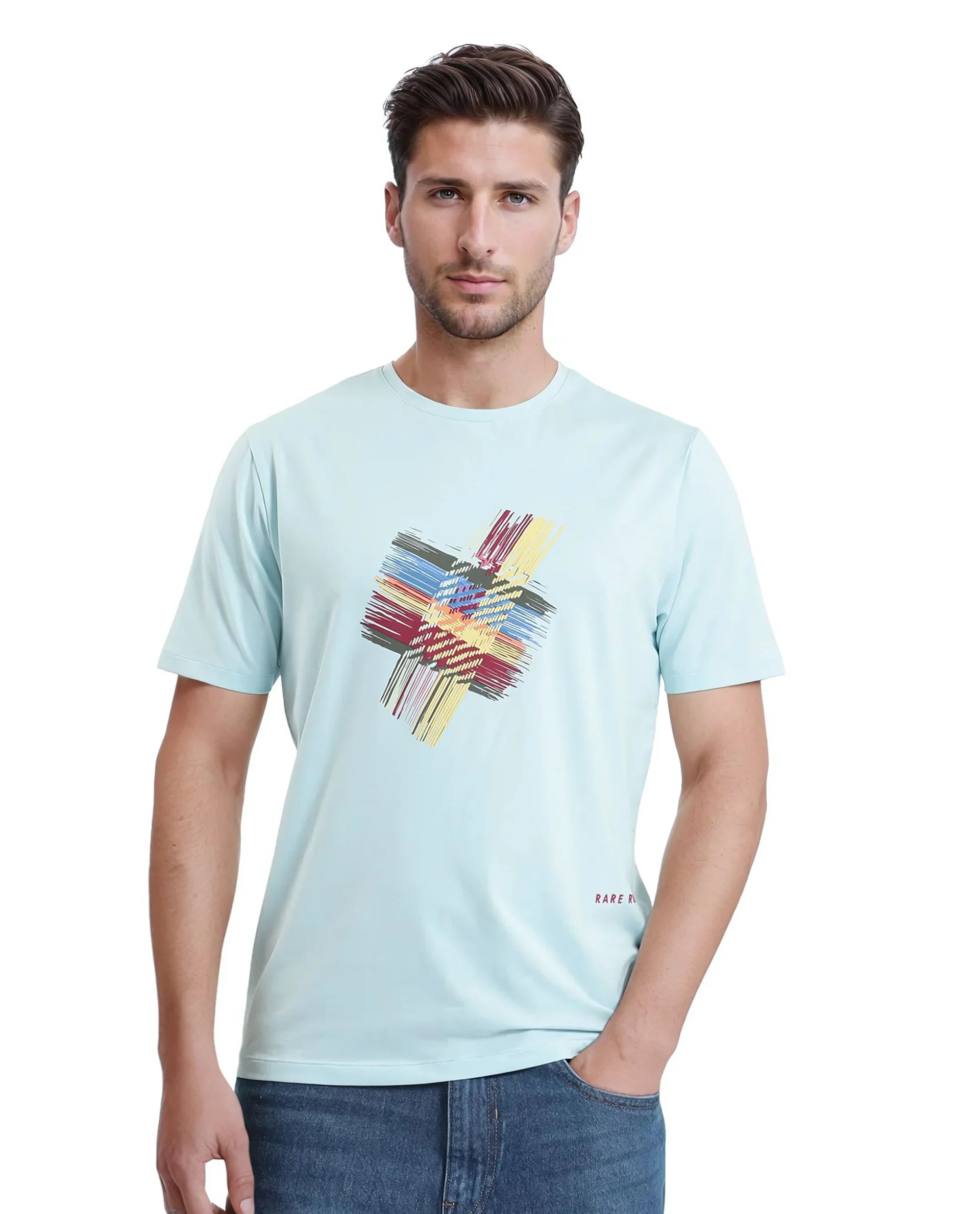 Rare Rabbit Men's Brax Light Blue Cotton Graphic Print Regular Fit Half Sleeve Crew Neck T-Shirt