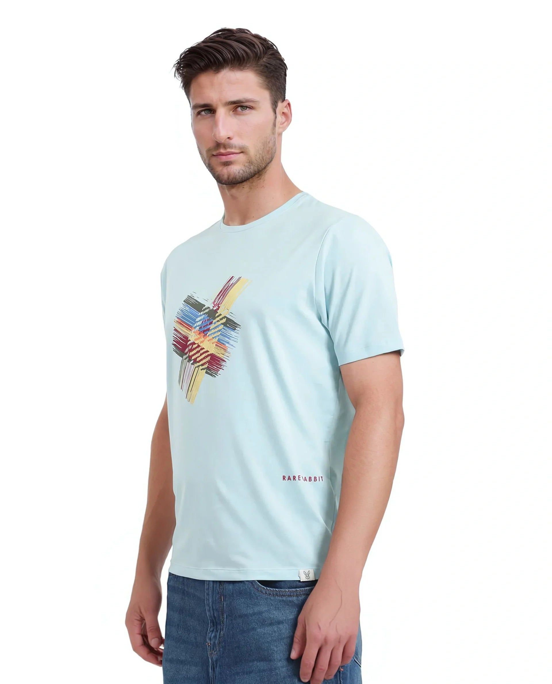 Rare Rabbit Men's Brax Light Blue Cotton Graphic Print Regular Fit Half Sleeve Crew Neck T-Shirt