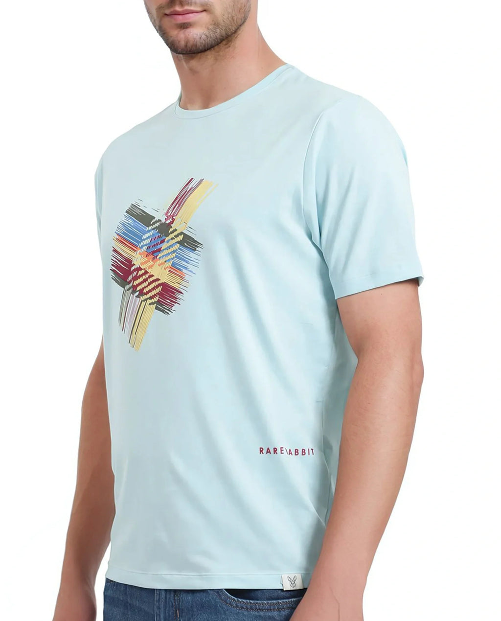 Rare Rabbit Men's Brax Light Blue Cotton Graphic Print Regular Fit Half Sleeve Crew Neck T-Shirt