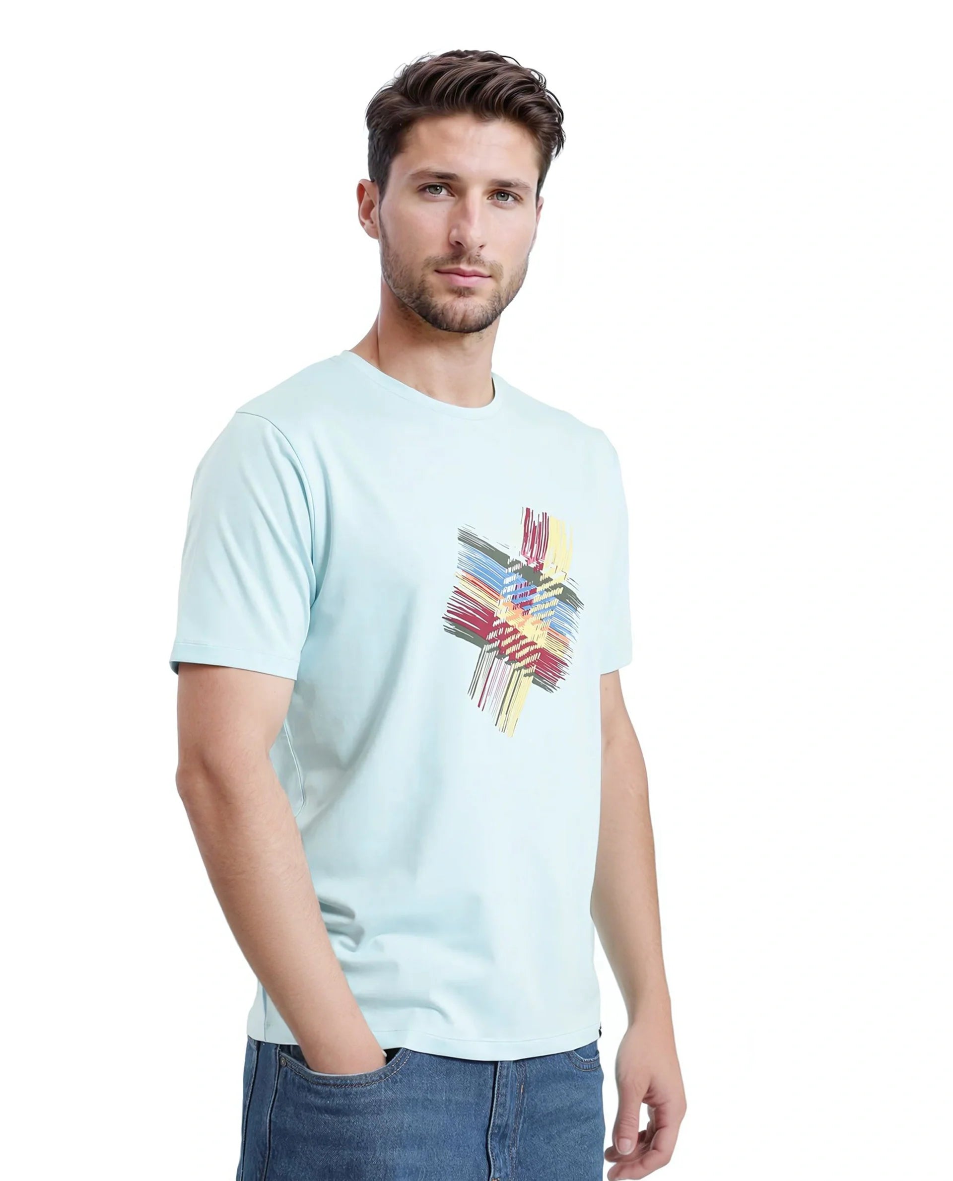 Rare Rabbit Men's Brax Light Blue Cotton Graphic Print Regular Fit Half Sleeve Crew Neck T-Shirt
