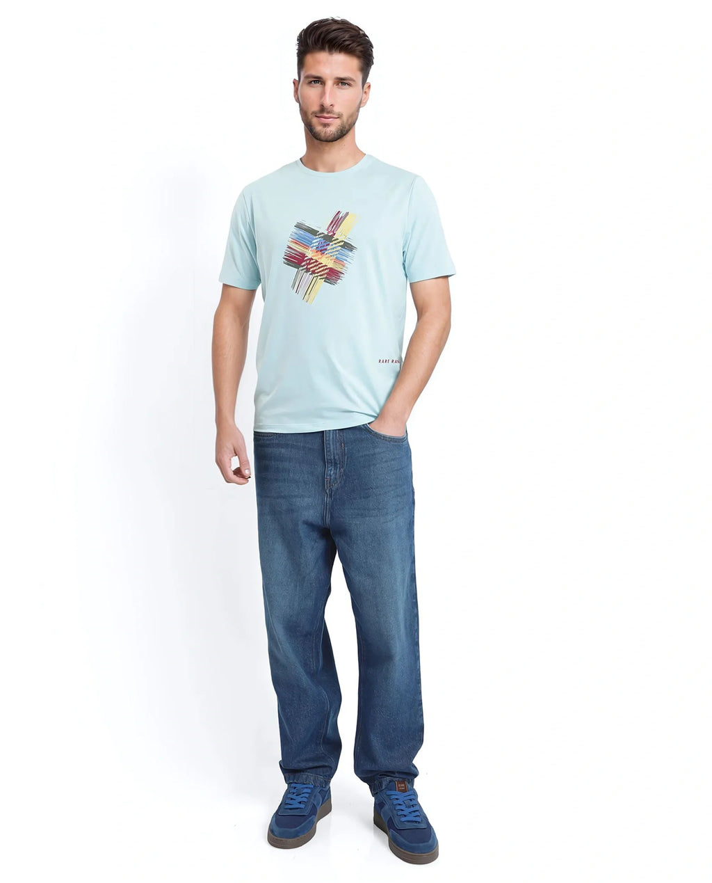 Rare Rabbit Men's Brax Light Blue Cotton Graphic Print Regular Fit Half Sleeve Crew Neck T-Shirt