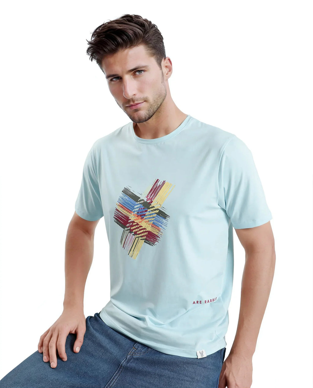 Rare Rabbit Men's Brax Light Blue Cotton Graphic Print Regular Fit Half Sleeve Crew Neck T-Shirt