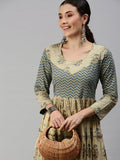 Women's Beige Chevron Printed Cold-Shoulder Sleeves Anarkali Kurta