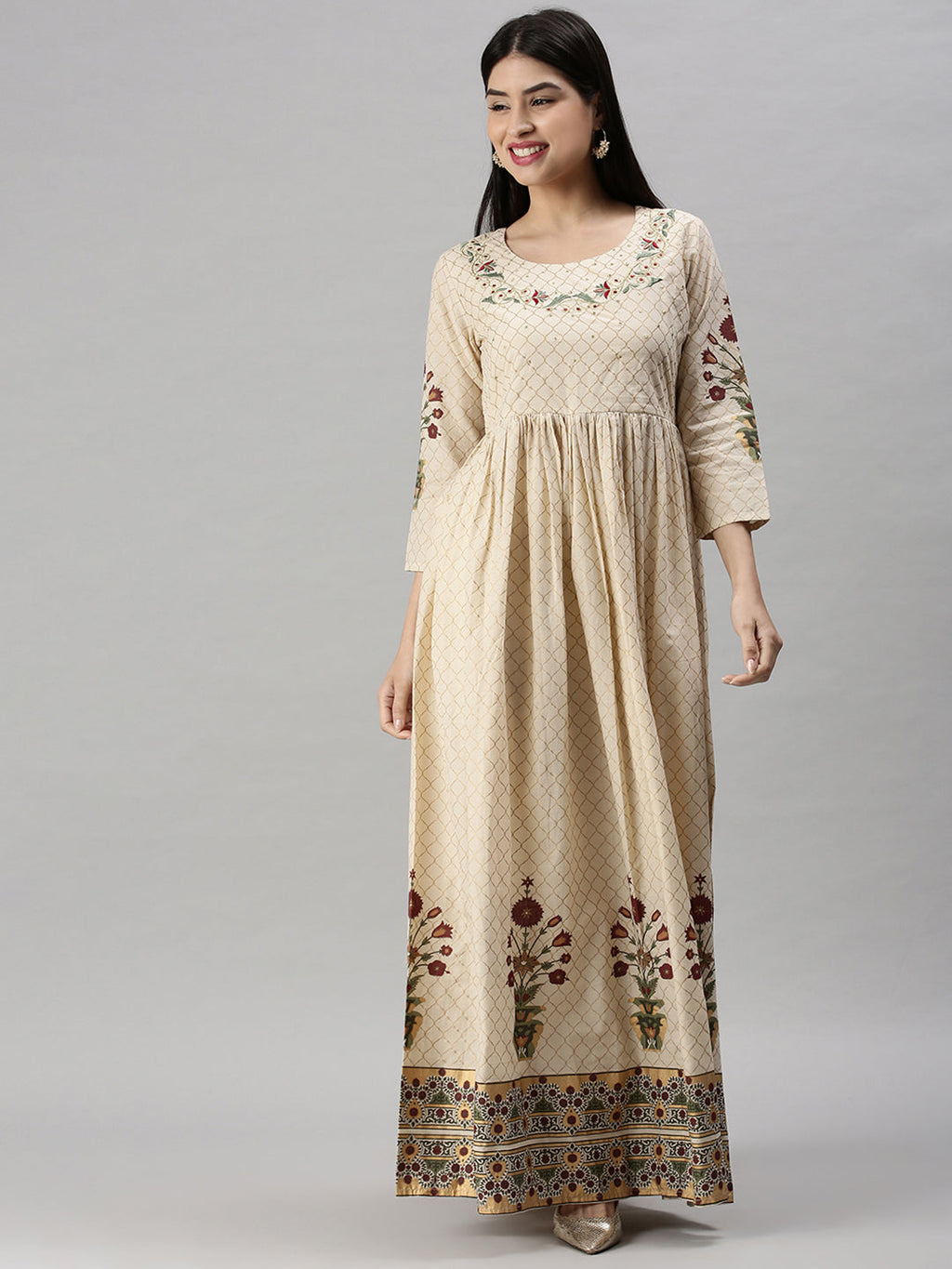 Women's Beige Floral Printed Anarkali Kurta