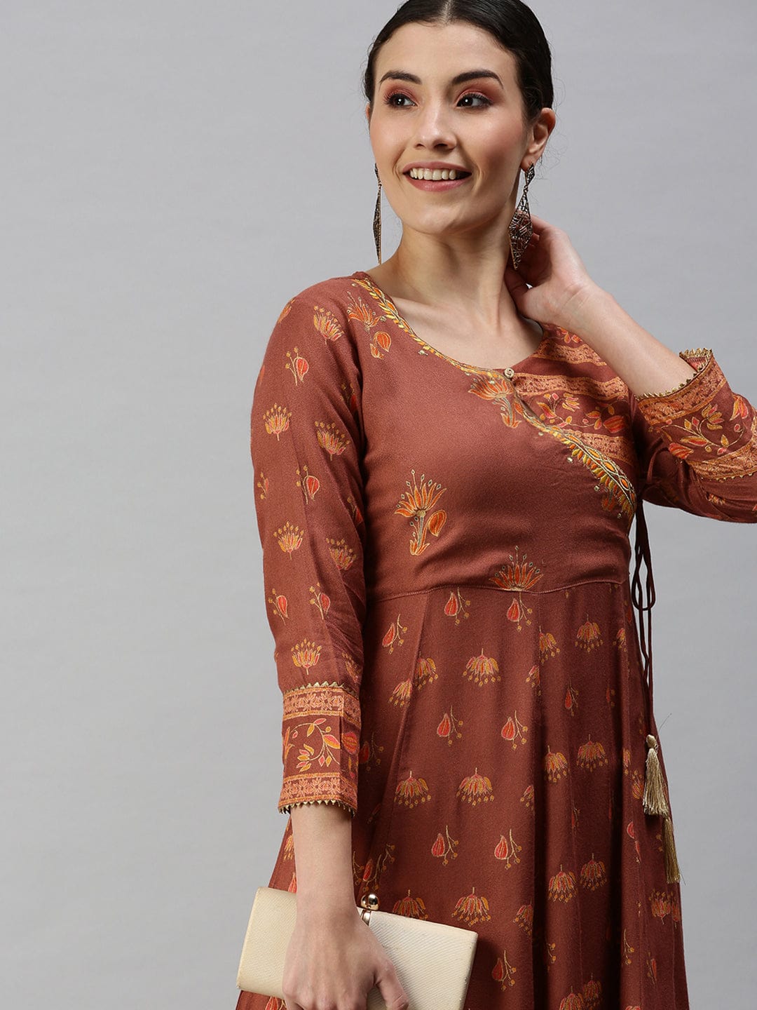 Women's V-Neck Printed Rust Anarkali Kurta