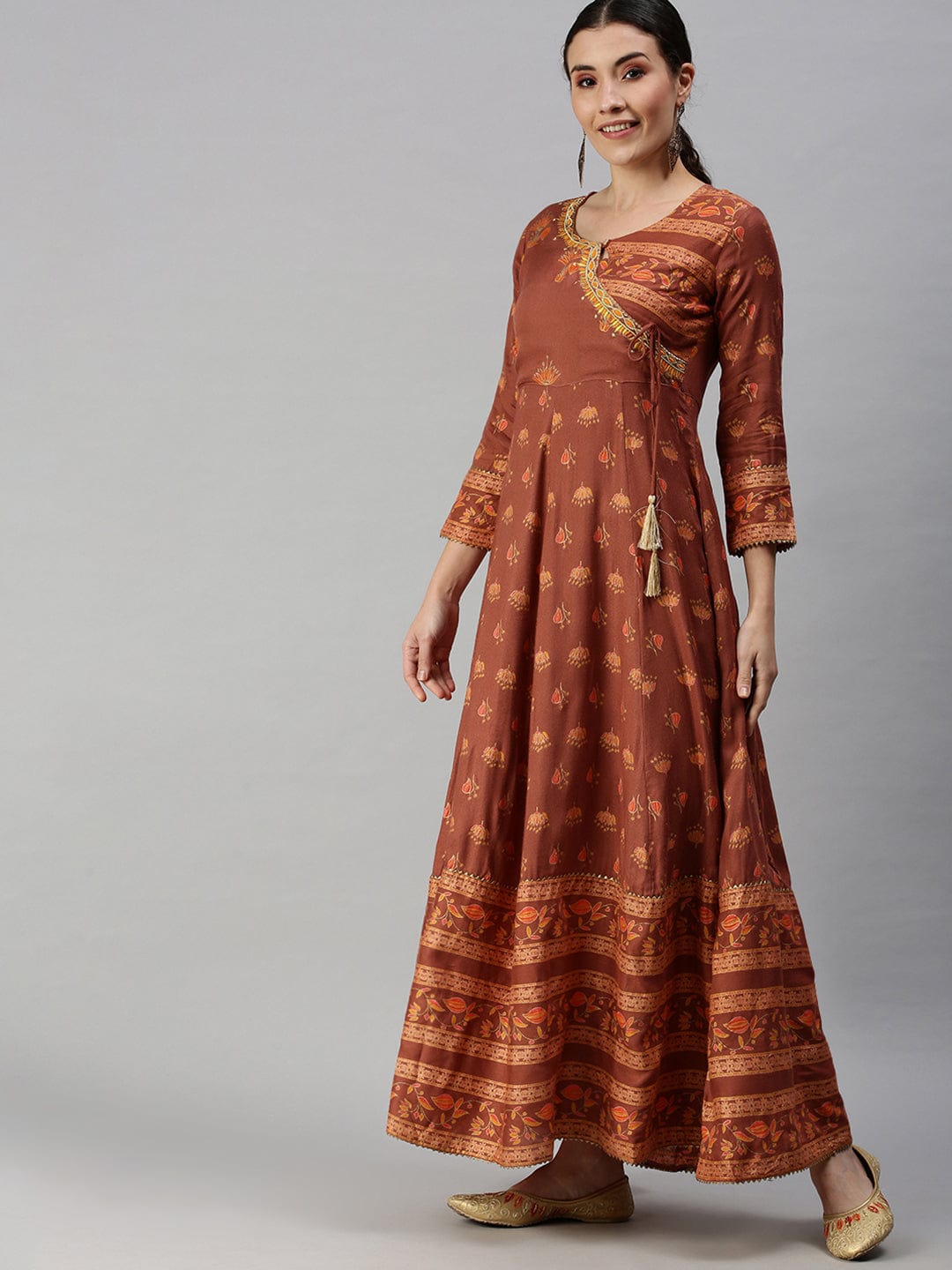 Women's V-Neck Printed Rust Anarkali Kurta