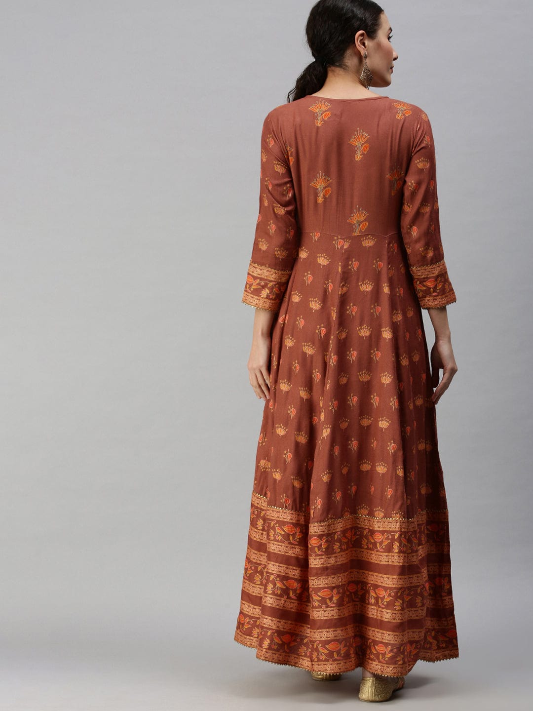 Women's V-Neck Printed Rust Anarkali Kurta