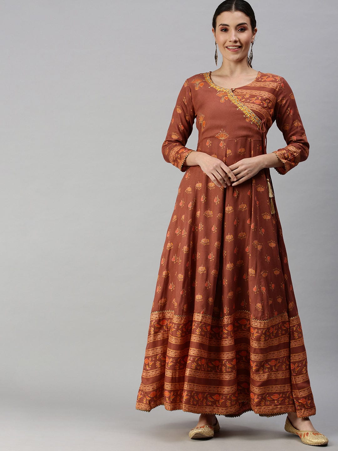 Women's V-Neck Printed Rust Anarkali Kurta