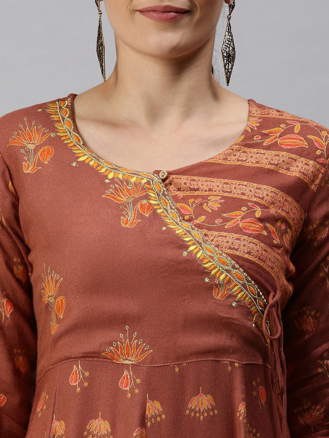 Women's V-Neck Printed Rust Anarkali Kurta