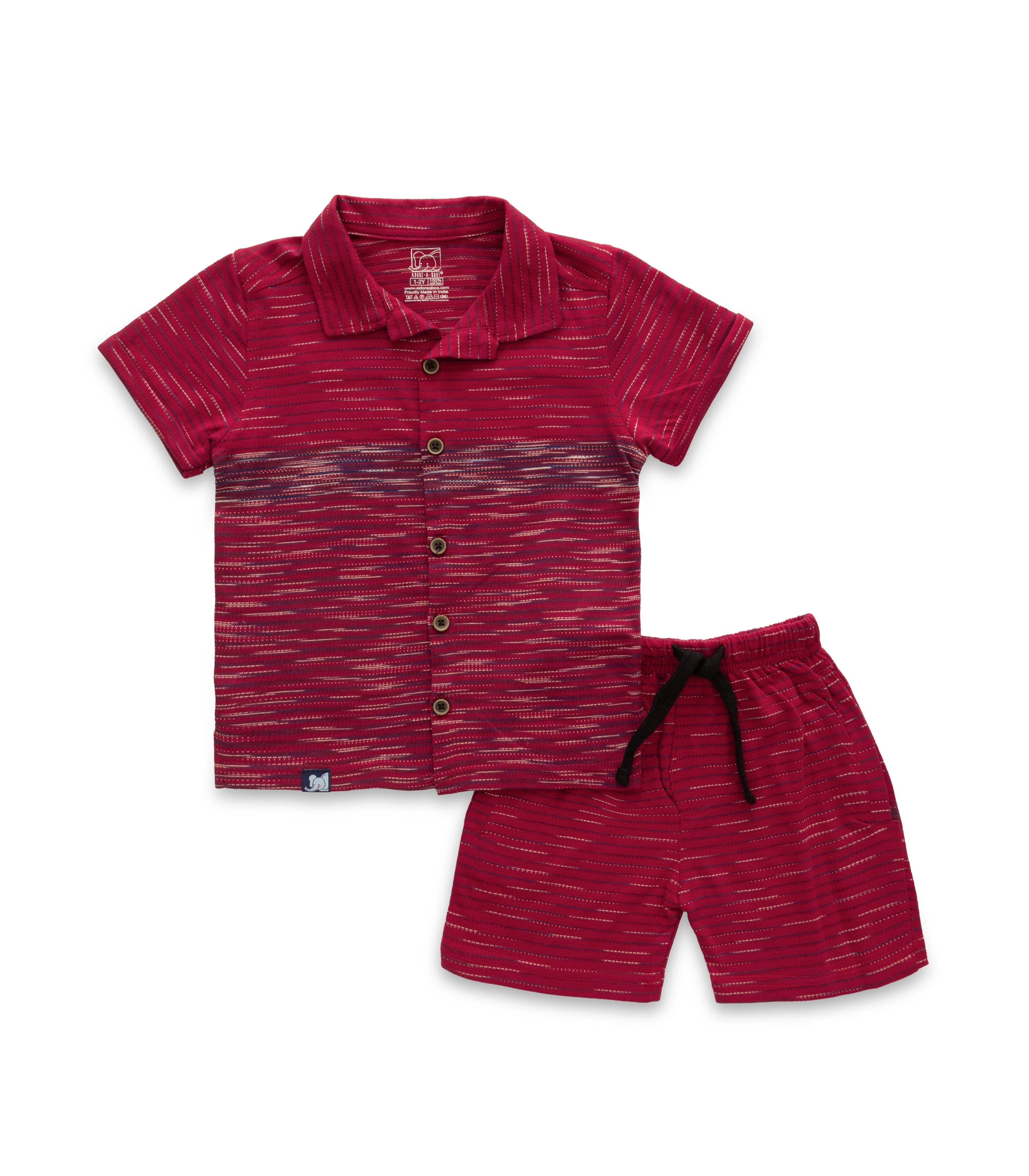 Cherry Red Multi Stripes Boys Shirt & Shorts Set