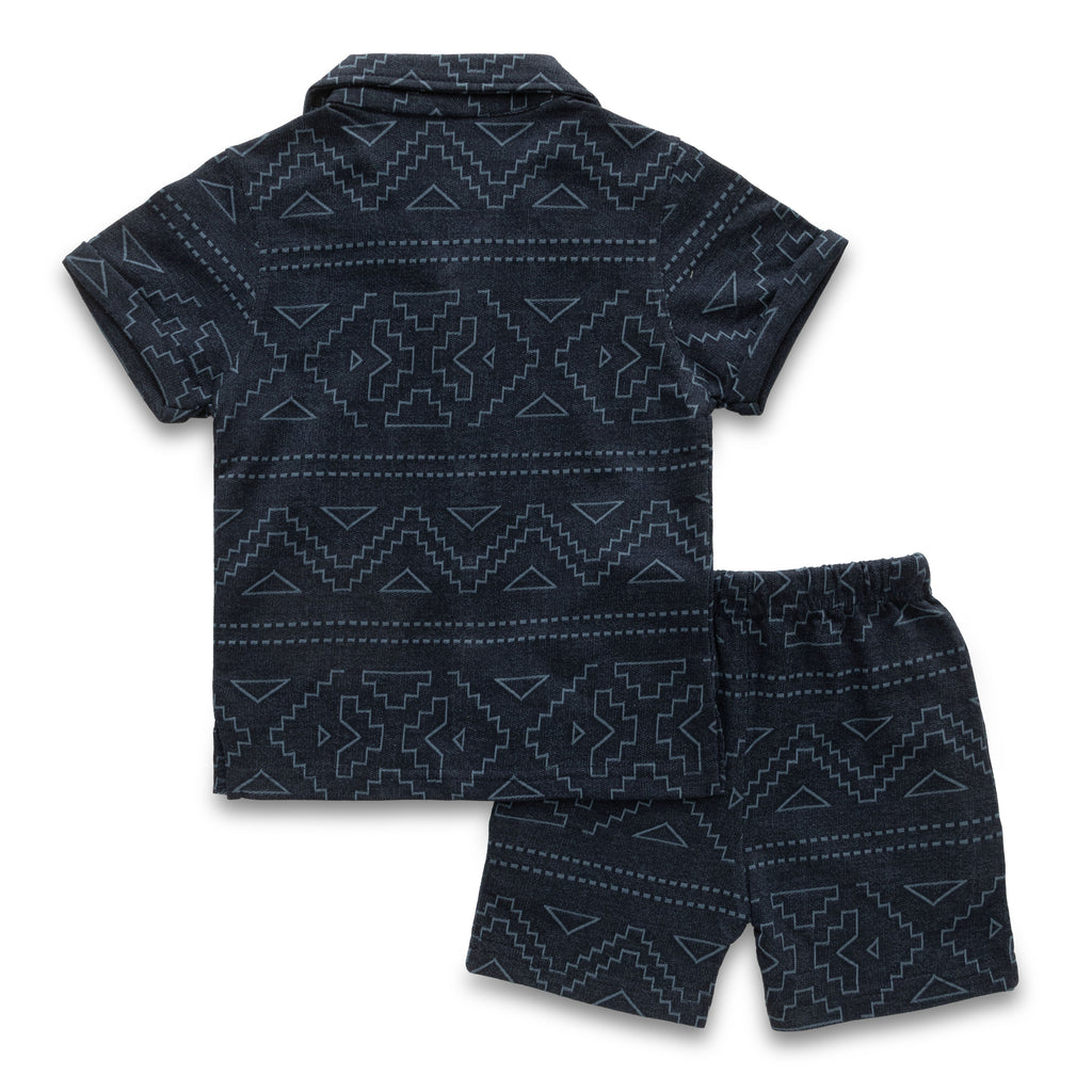 Geometrical Designed Navy Blue Boys Shirt & Shorts Set