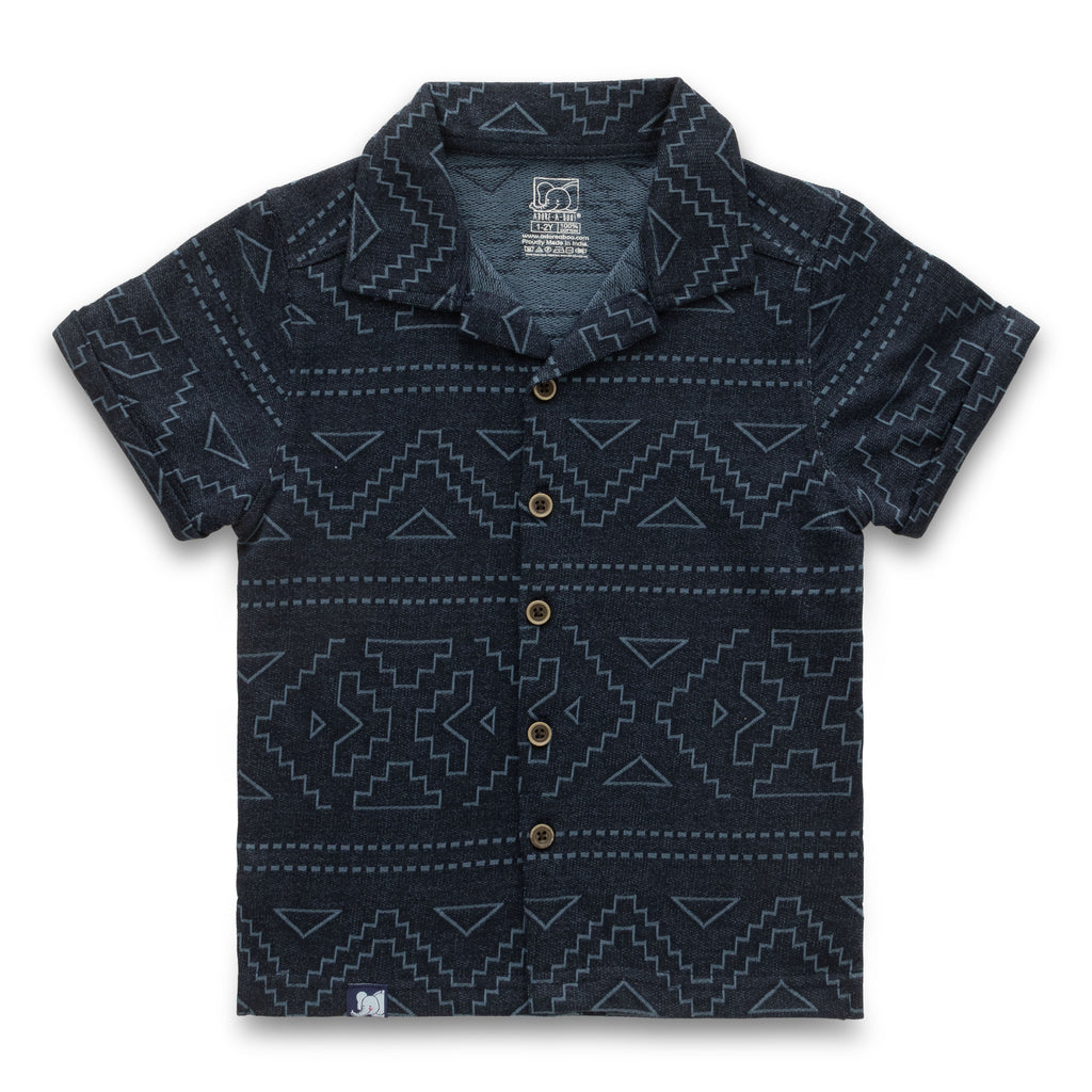 Geometrical Designed Navy Blue Boys Shirt & Shorts Set