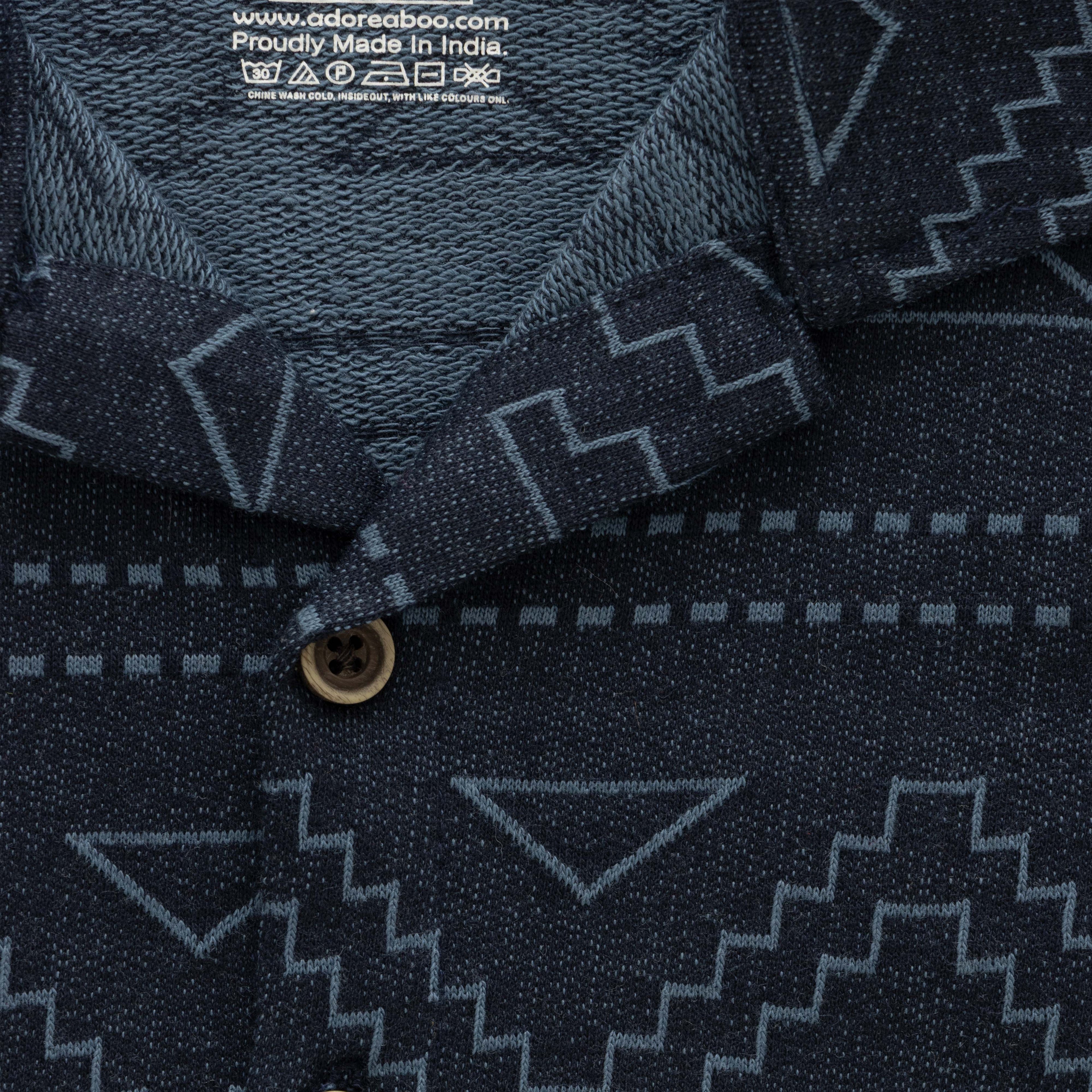 Geometrical Designed Navy Blue Boys Shirt & Shorts Set